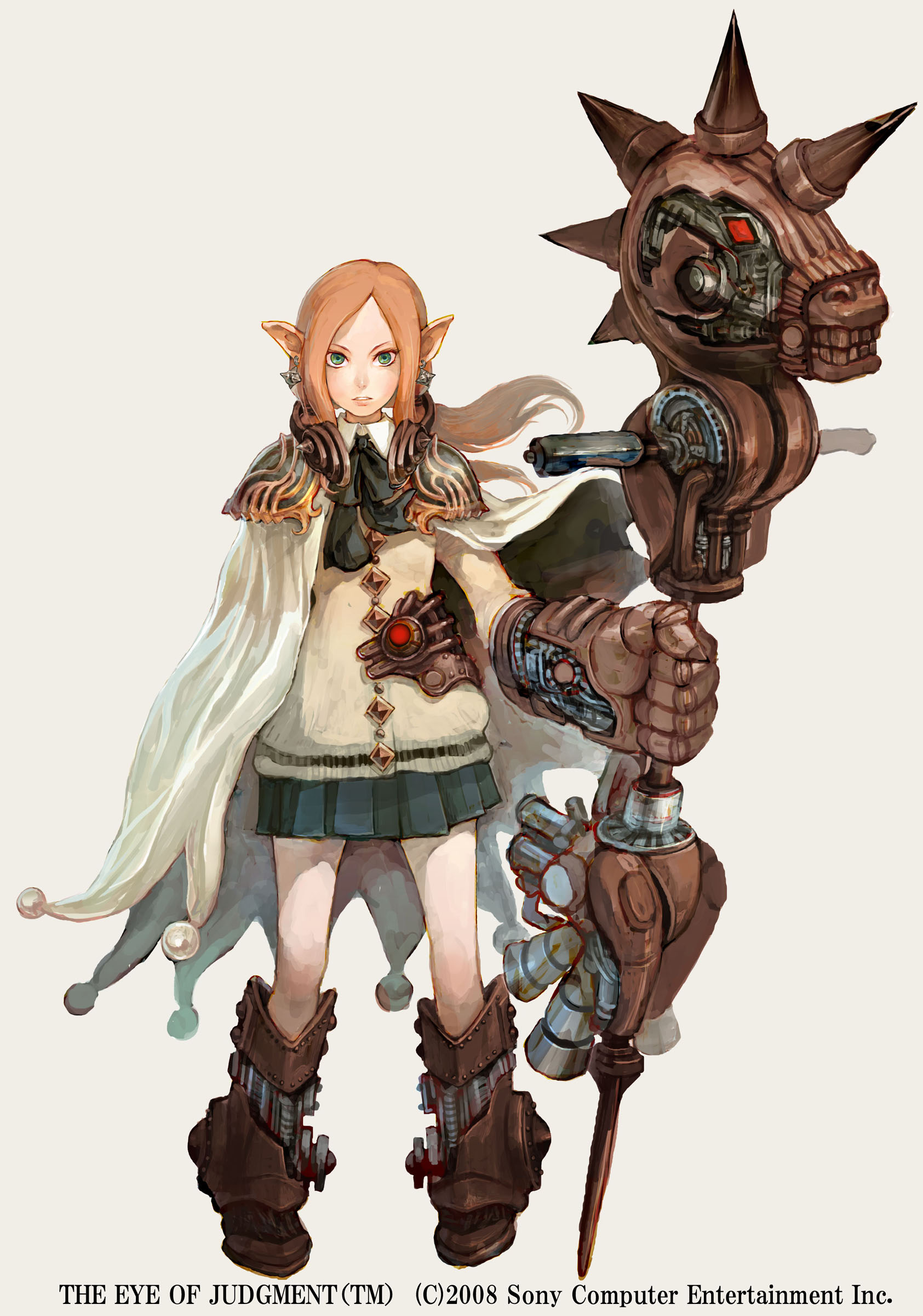 saitou shunsuke, shun, the eye of judgement, absurdres, highres, 1girl, boots, cape, earrings, female focus, green eyes, jewelry, long hair, mechabare, pointy ears, ponytail, shoulder pads, skirt, solo, staff, weapon