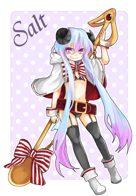 tama (songe), pixiv fantasia, pixiv fantasia 2, bad id, bad pixiv id, 1girl, belt, belt skirt, bikini, blue hair, cloak, fang, female focus, garter belt, horns, long hair, multicolored hair, pink eyes, pink hair, smirk, solo, spoon, swimsuit, thighhighs, two-tone hair
