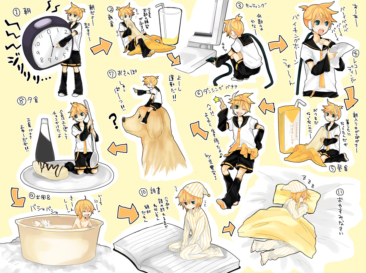 tama (songe), kagamine len, vocaloid, bad id, bad pixiv id, partially translated, translation request, 1boy, banana, bathing, cable, dog, eating, food, fruit, holding, holding food, holding fruit, juice, lyrics, male focus, mini person, miniboy, music, pajamas, riding, riding animal, singing, sleeping, usb