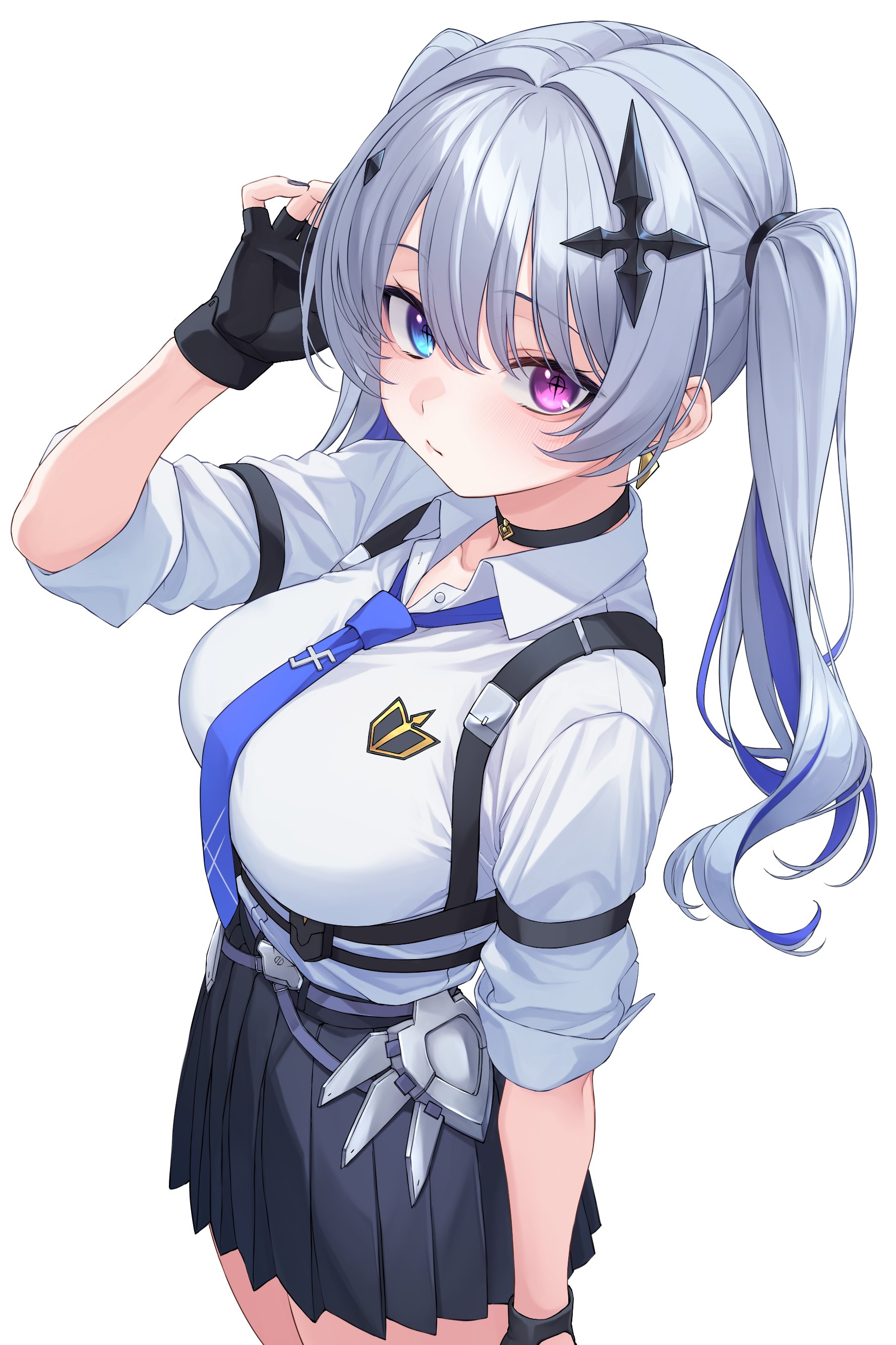 nameko houshi, tentei forte, tentei forte (2nd costume), neo-porte, absurdres, highres, 1girl, armored skirt, black choker, black gloves, black nails, black skirt, blue eyes, blue hair, blue necktie, breasts, chest harness, choker, closed mouth, collarbone, collared shirt, colored inner hair, cross, cross-shaped pupils, cross hair ornament, earrings, fingerless gloves, from above, from side, gloves, grey hair, hair between eyes, hair intakes, hair ornament, hand up, harness, heterochromia, inverted cross, jewelry, large breasts, light blush, long hair, long sleeves, looking at viewer, miniskirt, multicolored hair, nail polish, necktie, pink eyes, pleated skirt, shirt, shirt tucked in, sidelocks, simple background, skirt, sleeves rolled up, solo, standing, symbol-shaped pupils, thighs, twintails, very long hair, virtual youtuber, white background, white shirt
