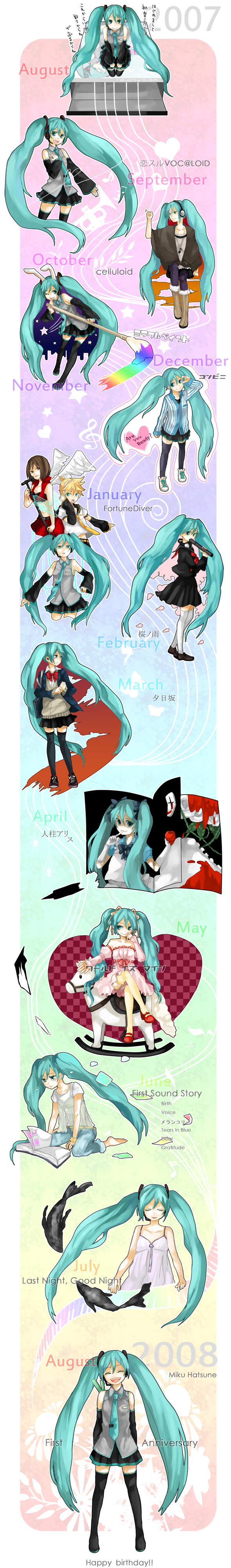 tama (songe), hatsune miku, kagamine rin, meiko (vocaloid), hitobashira alice (vocaloid), last night good night (vocaloid), miracle paint (vocaloid), vocaloid, voice (first sound story) (vocaloid), world is mine (vocaloid), absurdres, highres, long image, tall image, 00s, 1boy, 2007, 2008, 2girls, angel wings, animal ears, anniversary, arms behind back, blue eyes, blue hair, boots, calendar, casual, denim, detached sleeves, dress, eye drops, graduation, happy, headphones, headphones around neck, jeans, long hair, multiple girls, painting (action), pants, pantyhose, rabbit ears, school uniform, skirt, spring onion, tears, thighhighs, timeline, twintails, very long hair, wings