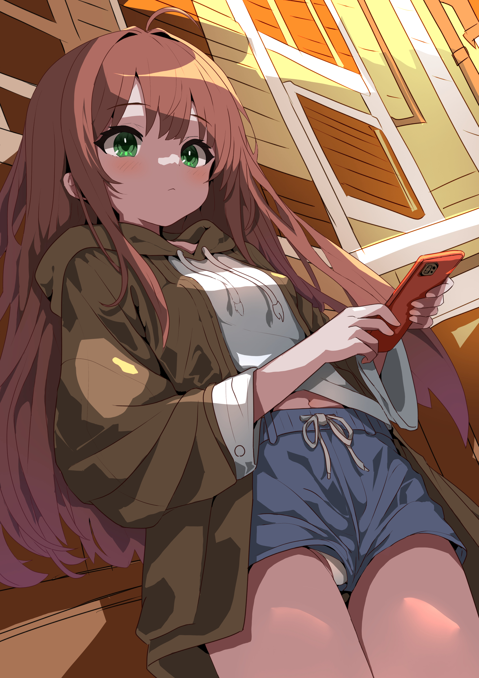 original, highres, 1girl, blue shorts, cellphone, green eyes, hogihogi3ta, hood, hooded jacket, jacket, long hair, panties, panty peek, phone, red hair, shirt, shorts, smartphone, solo, underwear, white shirt