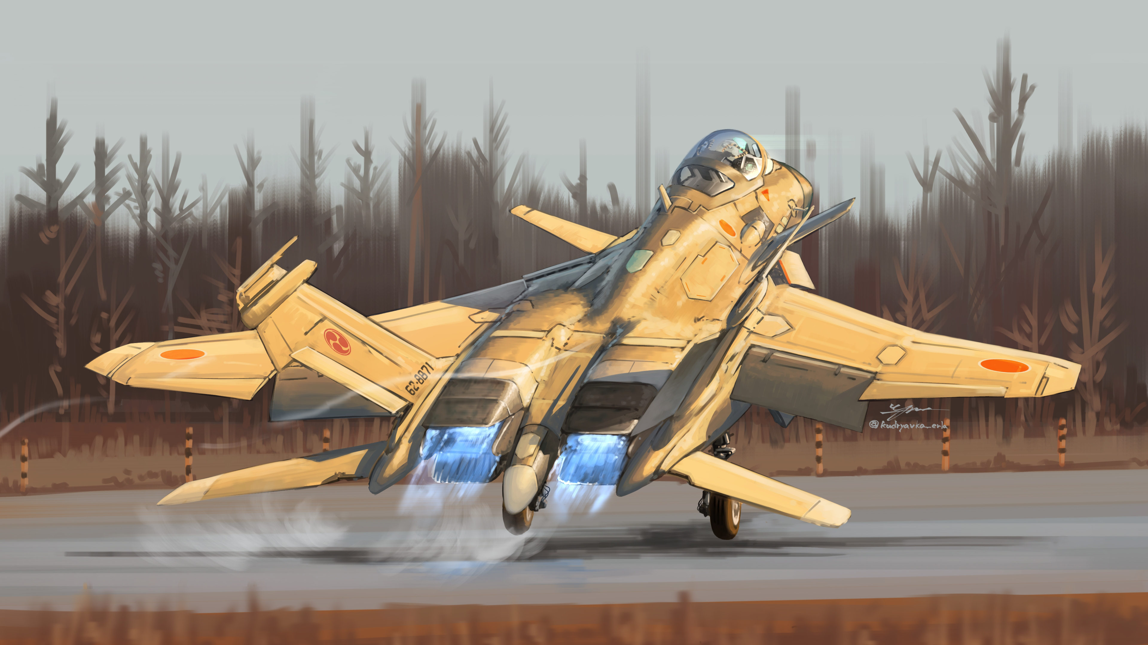 kudryavka trop, japan air self-defense force, japan self-defense force, original, absurdres, commentary request, highres, 1other, afterburner, aircraft, airplane, artist name, blurry, blurry foreground, bollard, canards, canopy (aircraft), contrail, fighter jet, from behind, grass, helmet, landing gear, military, military vehicle, outdoors, pilot, pilot helmet, red sun, roundel, runway, science fiction, signature, takeoff, tree, vehicle focus