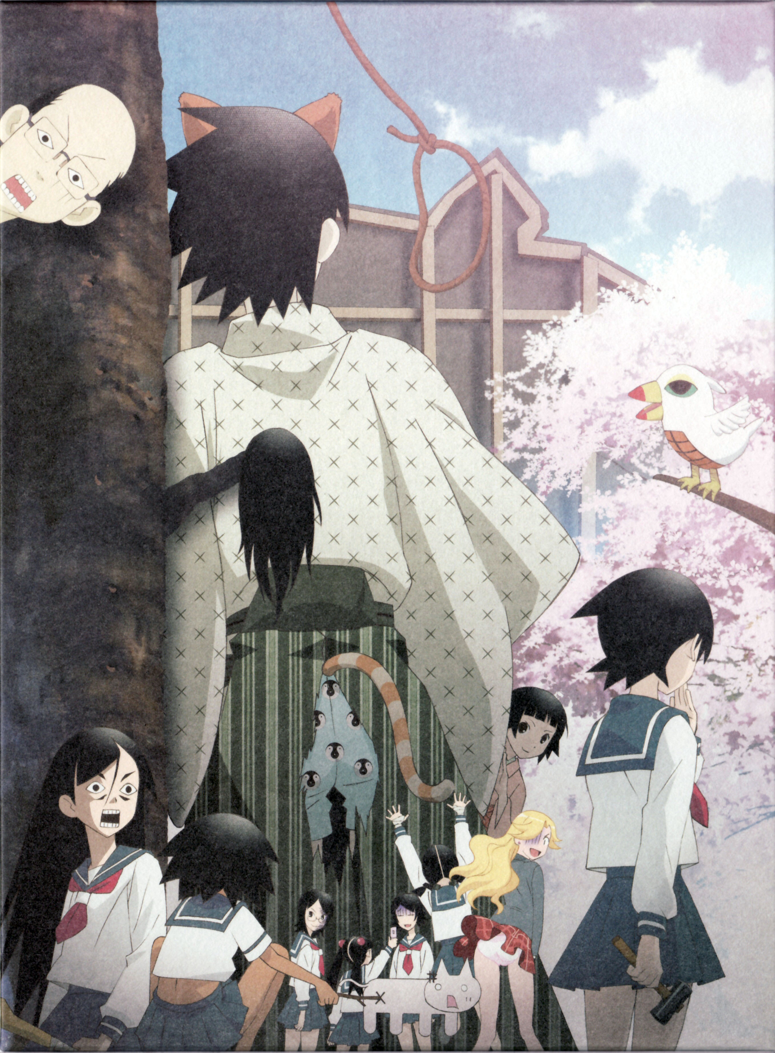 fujiyoshi harumi, fuura kafuka, hitou nami, itoshiki nozomu, kagerou usui, kimura kaere, kitsu chiri, kobushi abiru, otonashi meru, sekiutsu maria tarou, tsunetsuki matoi, usui kagerou, sayonara zetsubou sensei, absurdres, highres, official art, scan, 00s, 2boys, 6+girls, animal ears, bald, balding, bandage over one eye, bandages, baseball bat, bird, black eyes, black hair, blonde hair, blue eyes, braid, brown eyes, cat, cellphone, cover, dark skin, dvd cover, everyone, eyepatch, glasses, hammer, japanese clothes, kimono, long hair, multiple boys, multiple girls, necktie, noose, panties, phone, school uniform, serafuku, short hair, skirt, tail, twin braids, twintails, underwear, upskirt