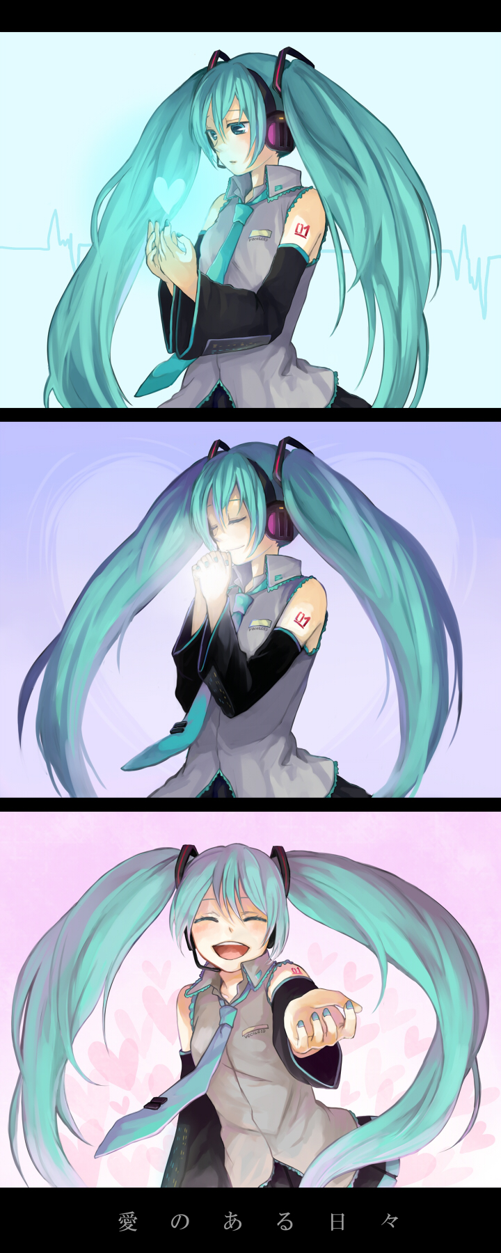 tama (songe), hatsune miku, vocaloid, highres, 1girl, 3koma, ^ ^, blue hair, blue nails, closed eyes, comic, detached sleeves, happy, headphones, heart, long hair, nail polish, necktie, own hands clasped, own hands together, smile, twintails