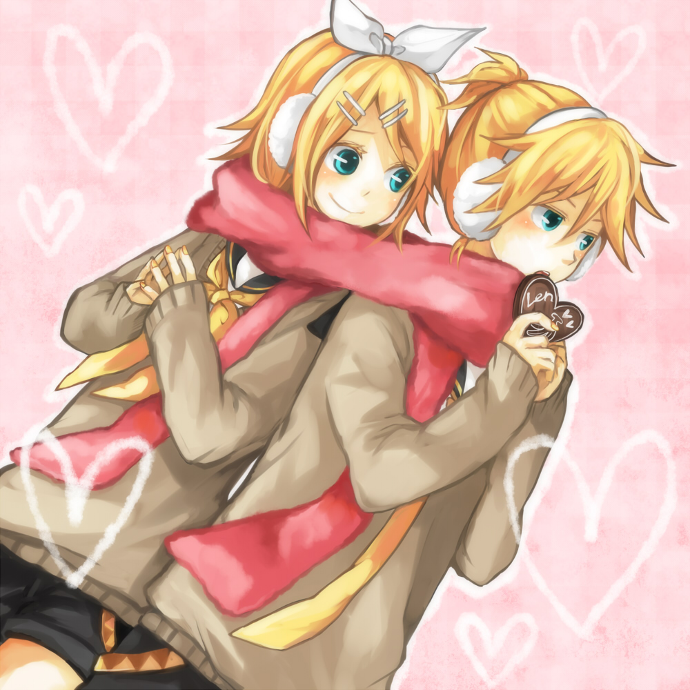 tama (songe), kagamine len, kagamine rin, vocaloid, 1boy, 1girl, blonde hair, blue eyes, blush, brother and sister, chocolate, hair ornament, hair ribbon, hairclip, ribbon, scarf, shared clothes, shared scarf, short hair, siblings, smile, twins, valentine