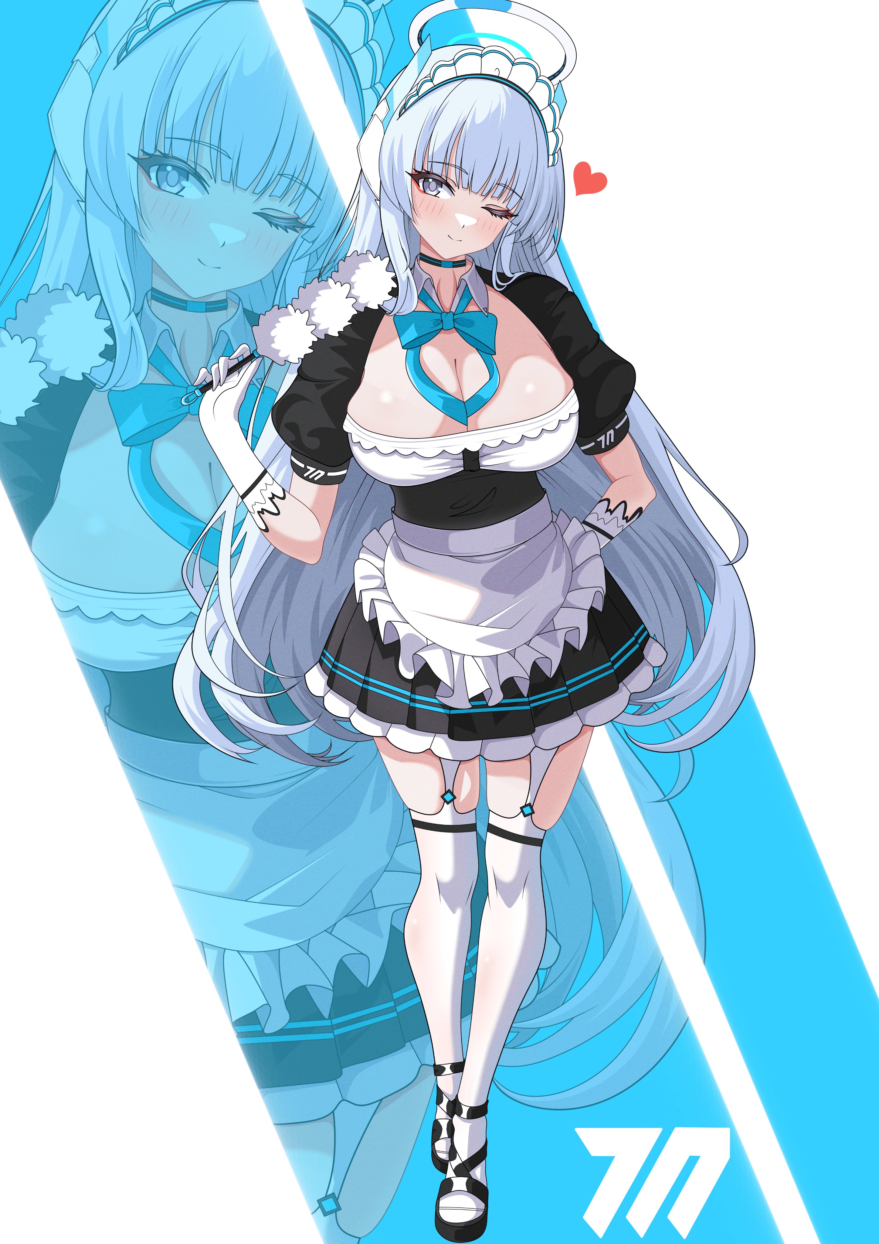 hazaky, asuna (blue archive), noa (blue archive), blue archive, absurdres, highres, 1girl, apron, asuna (blue archive) (cosplay), black dress, black shoes, blunt bangs, blush, breasts, choker, cleavage, cosplay, dress, duster, frilled apron, frilled skirt, frills, gloves, grey hair, halo, holding, holding duster, large breasts, long hair, looking at viewer, maid, maid apron, maid headdress, mechanical halo, one eye closed, puffy short sleeves, puffy sleeves, purple eyes, shoes, short sleeves, skirt, smile, solo, thighhighs, very long hair, white gloves, white halo, white thighhighs