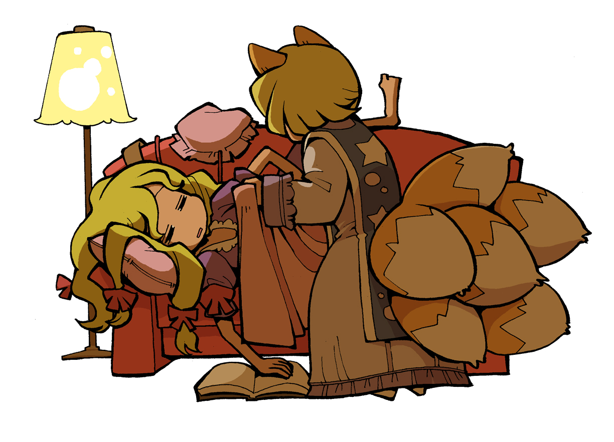 hounori, yakumo ran, yakumo yukari, touhou, 2girls, animal ears, barefoot, blanket, blonde hair, book, couch, covering with blanket, female focus, fox ears, fox tail, hat, kitsune, kyuubi, lamp, long hair, long sleeves, mob cap, multiple girls, multiple tails, no headwear, ribbon, short hair, sleeping, sleepy, tail, unworn hat, unworn headwear, wide sleeves