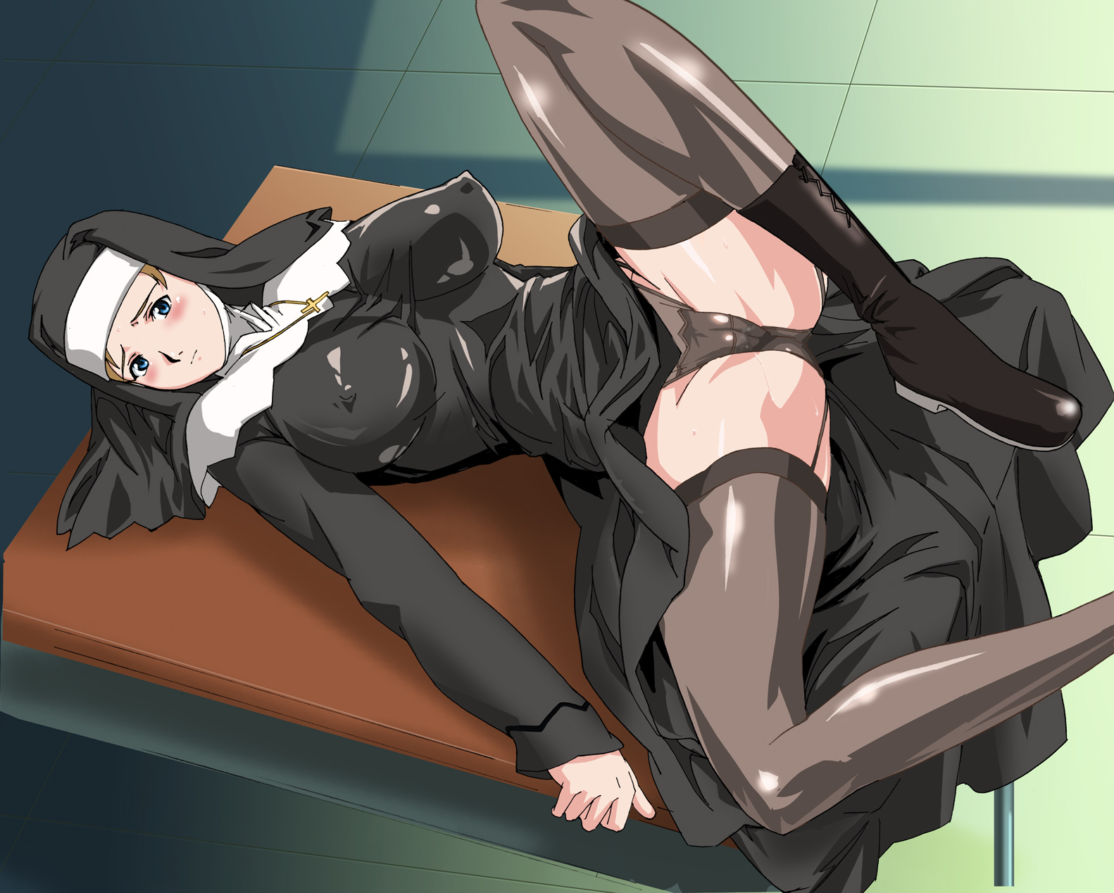 lux (alpa), sanada yukariko, my-hime, habit, highres, non-web source, 00s, 1girl, black panties, black thighhighs, blonde hair, blue eyes, blush, boots, breasts, cameltoe, clothes lift, covered erect nipples, cross, desk, dress, dress lift, dutch angle, embarrassed, female focus, from above, garter straps, grey panties, grey thighhighs, impossible clothes, indoors, jewelry, large breasts, leg up, looking at viewer, lying, necklace, no bra, nun, on back, on desk, panties, shadow, shiny clothes, shirt, short hair, sitting, solo, spread legs, sweat, taut clothes, taut shirt, thighhighs, thighs, underwear, zettai ryouiki