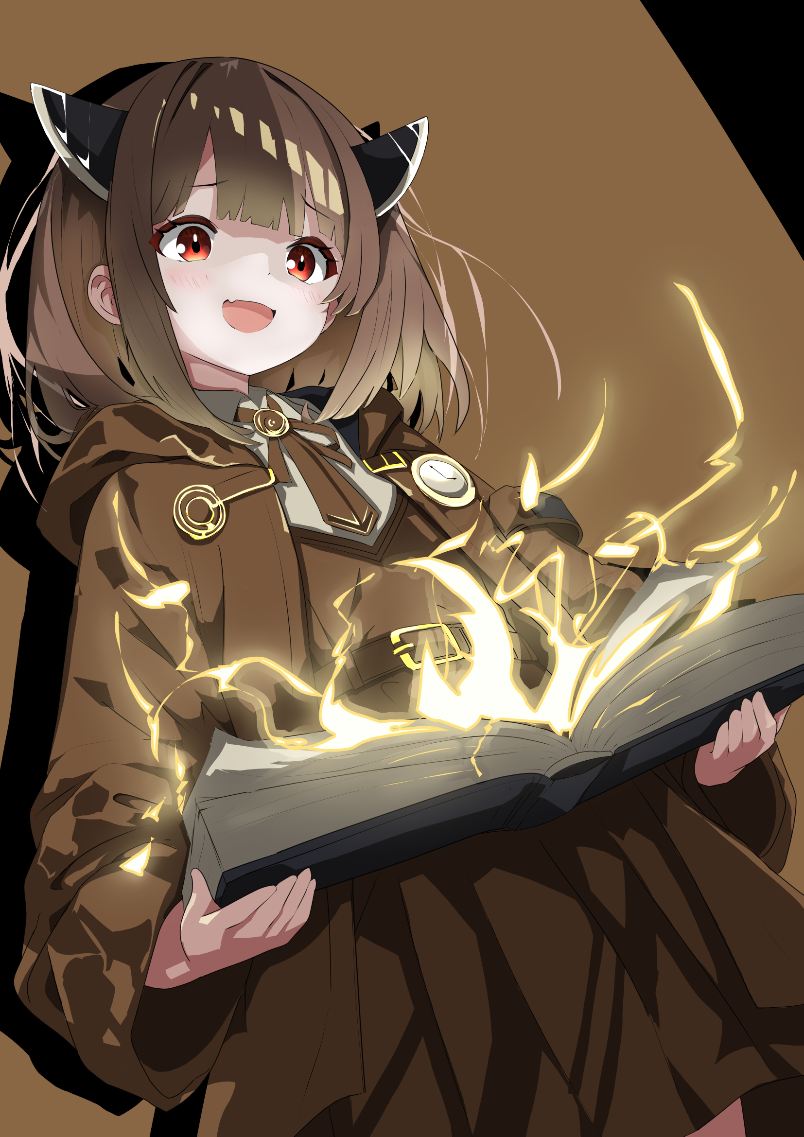 touhoku kiritan, voiceroid, highres, 1girl, book, brown coat, brown hair, brown shirt, brown skirt, coat, fang, hogihogi3ta, magic, miniskirt, open book, red eyes, shirt, skin fang, skirt, smile, solo