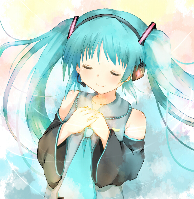 oumiya sakura, sakuranchu, hatsune miku, vocaloid, bad id, bad pixiv id, 1girl, aqua hair, closed eyes, detached sleeves, female focus, headset, necktie, solo, twintails