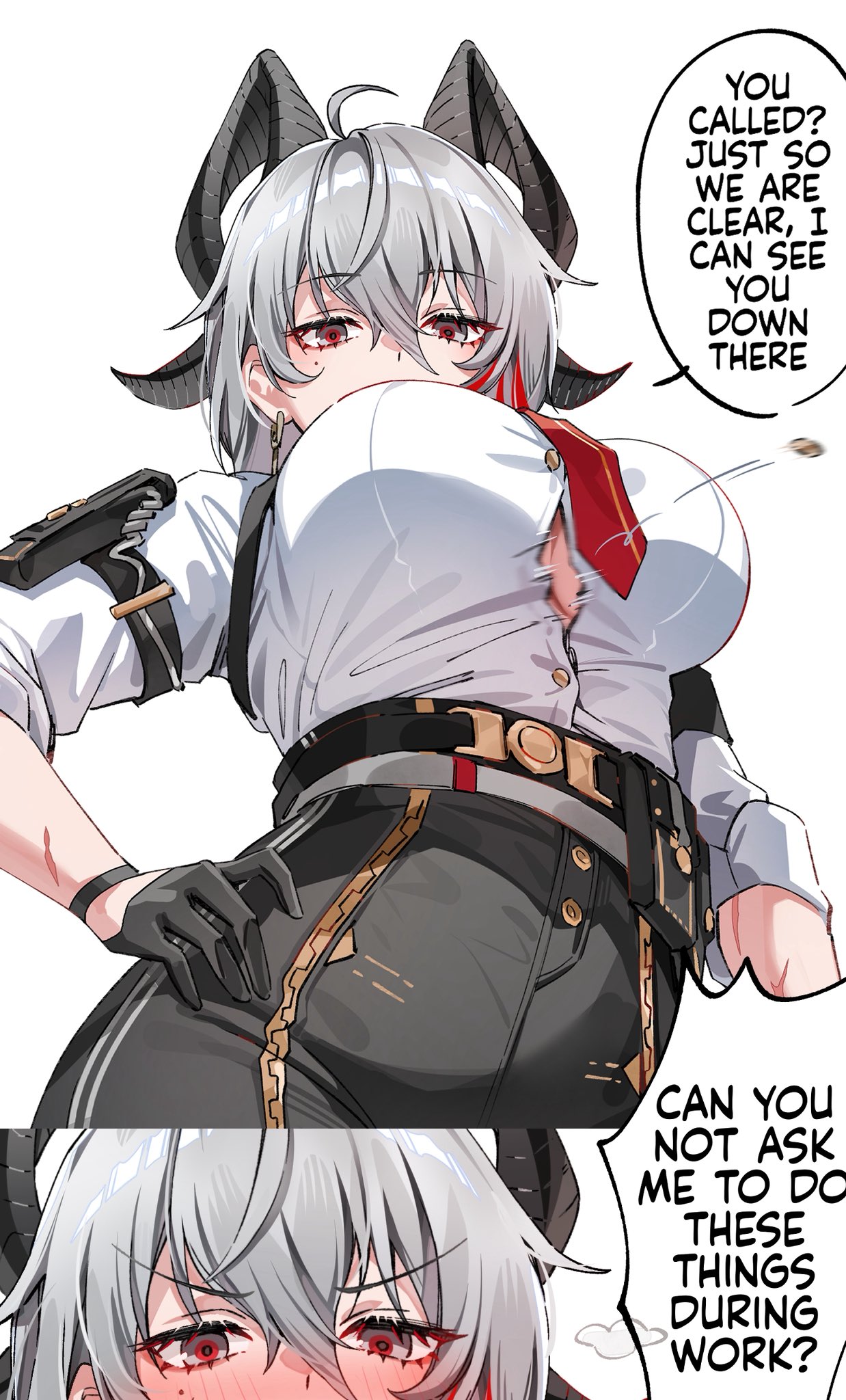 foxyreine, zani (wuthering waves), wuthering waves, commentary, cropped, derivative work, highres, 1girl, ahoge, black gloves, black horns, black pants, blush, breasts, button gap, chest harness, cowboy shot, curled horns, earrings, english text, flying button, from below, gloves, grey hair, hair between eyes, half gloves, hand on own hip, harness, high-waist pants, horns, jewelry, large breasts, looking at viewer, looking down, mole, mole under eye, multicolored hair, necktie, pants, popped button, red eyes, red necktie, scar, scar on arm, shirt, signature, simple background, standing, streaked hair, tight clothes, tight pants, underboob, wardrobe malfunction, watermark, web address, white background, white shirt