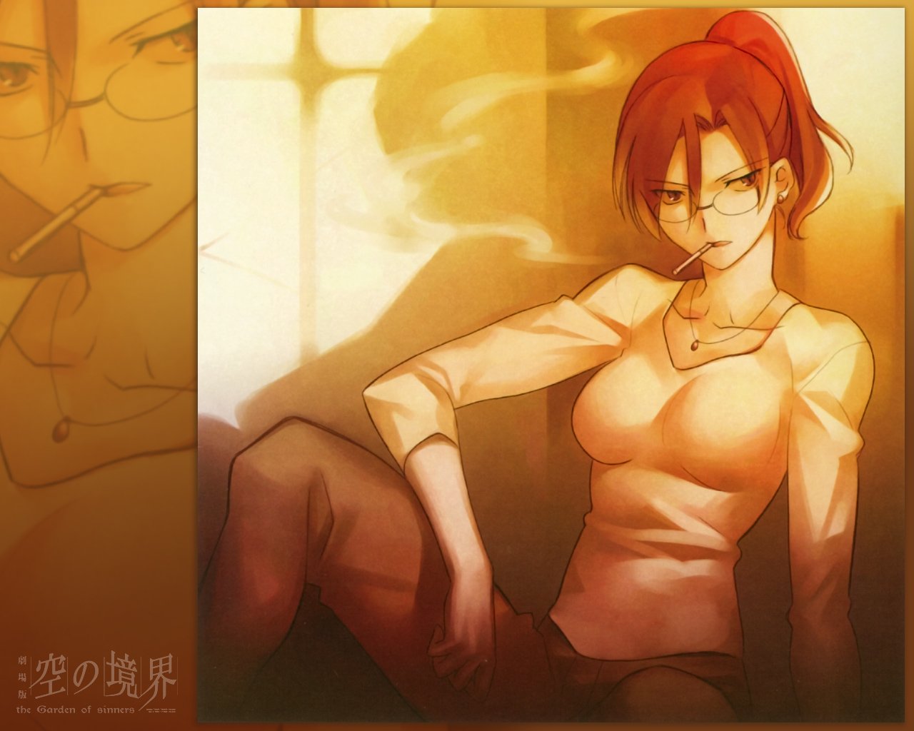 takeuchi takashi, aozaki touko, kara no kyoukai, cigarette, glasses, ponytail, red hair, red theme, smoking, solo