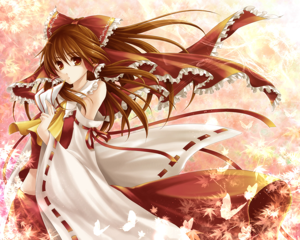 hagiwara rin, hakurei reimu, imperishable night, touhou, bad id, bad pixiv id, 1girl, :o, ascot, bare shoulders, between fingers, bow, brown eyes, brown hair, bug, butterfly, detached sleeves, female focus, hair bow, holding, insect, japanese clothes, leaf, maple leaf, midriff, miko, ofuda, ribbon, solo, wide sleeves