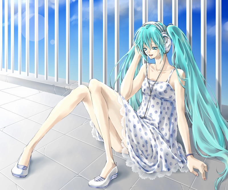 touya (artist), touya (roukaku), hatsune miku, vocaloid, 1girl, aqua eyes, aqua hair, dress, female focus, headphones, long hair, sitting, solo, twintails, very long hair