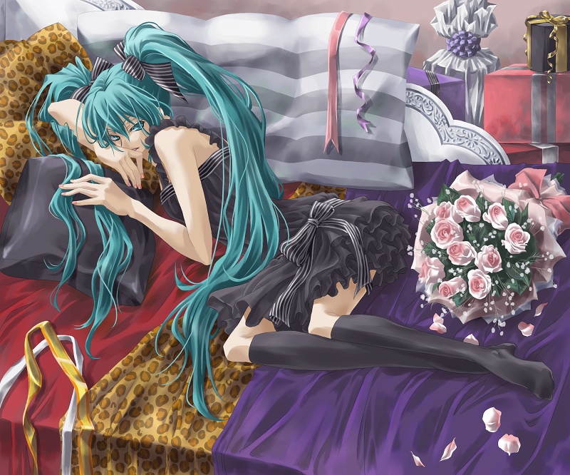 touya (artist), touya (roukaku), hatsune miku, vocaloid, 1girl, aqua eyes, aqua hair, bed, bed sheet, bouquet, dress, female focus, flower, hair ribbon, kneehighs, long hair, lying, pillow, ribbon, room, socks, solo, twintails