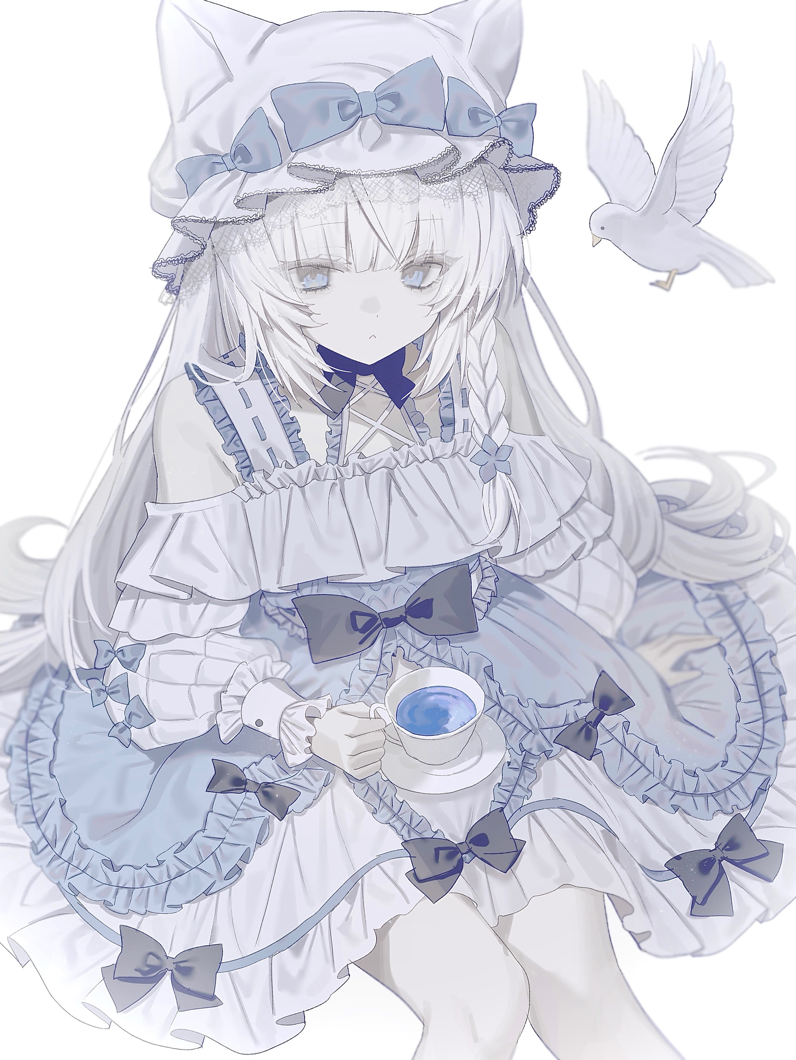 hinomiya shou, original, absurdres, highres, 1girl, :<, animal ears, bare shoulders, bird, black bow, blue bow, blue dress, blue eyes, blue flower, blue liquid, blunt bangs, bow, braid, cat ears, colored skin, cross-laced clothes, cross-laced dress, cup, dove, dress, feet out of frame, flower, frilled dress, frills, hair flower, hair ornament, hand up, hat, hat bow, holding, holding cup, lace trim, lolita fashion, long hair, looking at viewer, mob cap, off-shoulder dress, off shoulder, plate, side braid, simple background, sitting, solo, two-tone dress, very long hair, white background, white dress, white hair, white skin