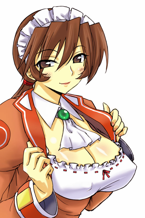 michael f91, paffel, summon night, summon night 2, 1girl, breasts, brown hair, cleavage, covered erect nipples, female focus, large breasts, orange shirt, shirt, smile, solo