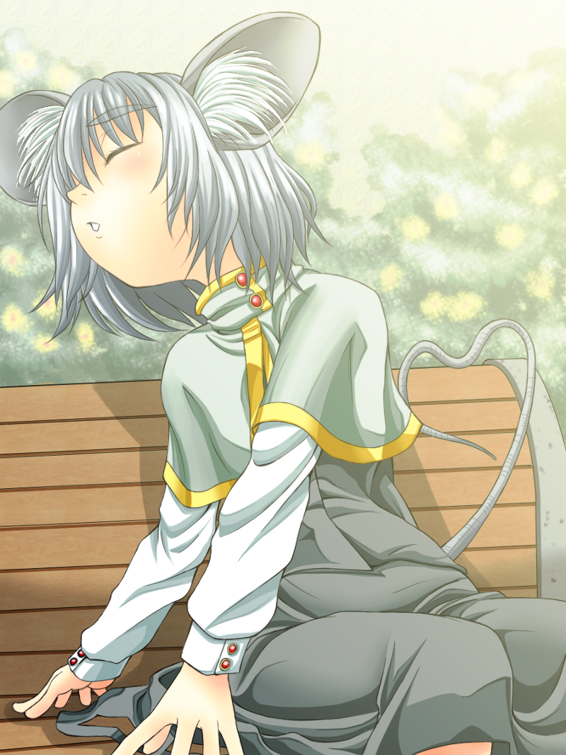 shiba meiji, nazrin, touhou, commentary request, 1girl, animal ear fluff, animal ears, bench, blush, capelet, closed eyes, cowboy shot, grey capelet, grey hair, grey skirt, grey vest, heart, heart tail, incoming kiss, long sleeves, mouse ears, mouse girl, mouse tail, on bench, shirt, short hair, sitting, skirt, skirt set, solo, tail, vest, white shirt, wooden bench