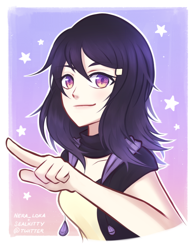 sealkitty, original, artist collaboration, commentary, english commentary, 1girl, artist name, border, breasts, closed mouth, eyelashes, hair ornament, hairclip, medium hair, nera loka, outline, purple eyes, purple hair, rei (sealkitty), sleeveless, smile, solo, star (symbol), twitter username, white border, white outline