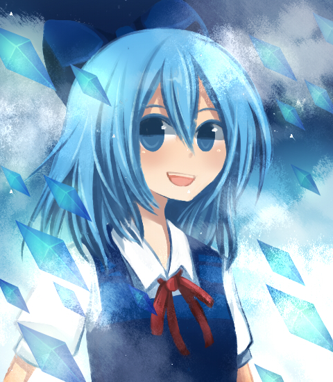 kusa, kusada souta, cirno, embodiment of scarlet devil, touhou, bad id, bad pixiv id, 1girl, blue eyes, blue hair, female focus, matching hair/eyes, solo