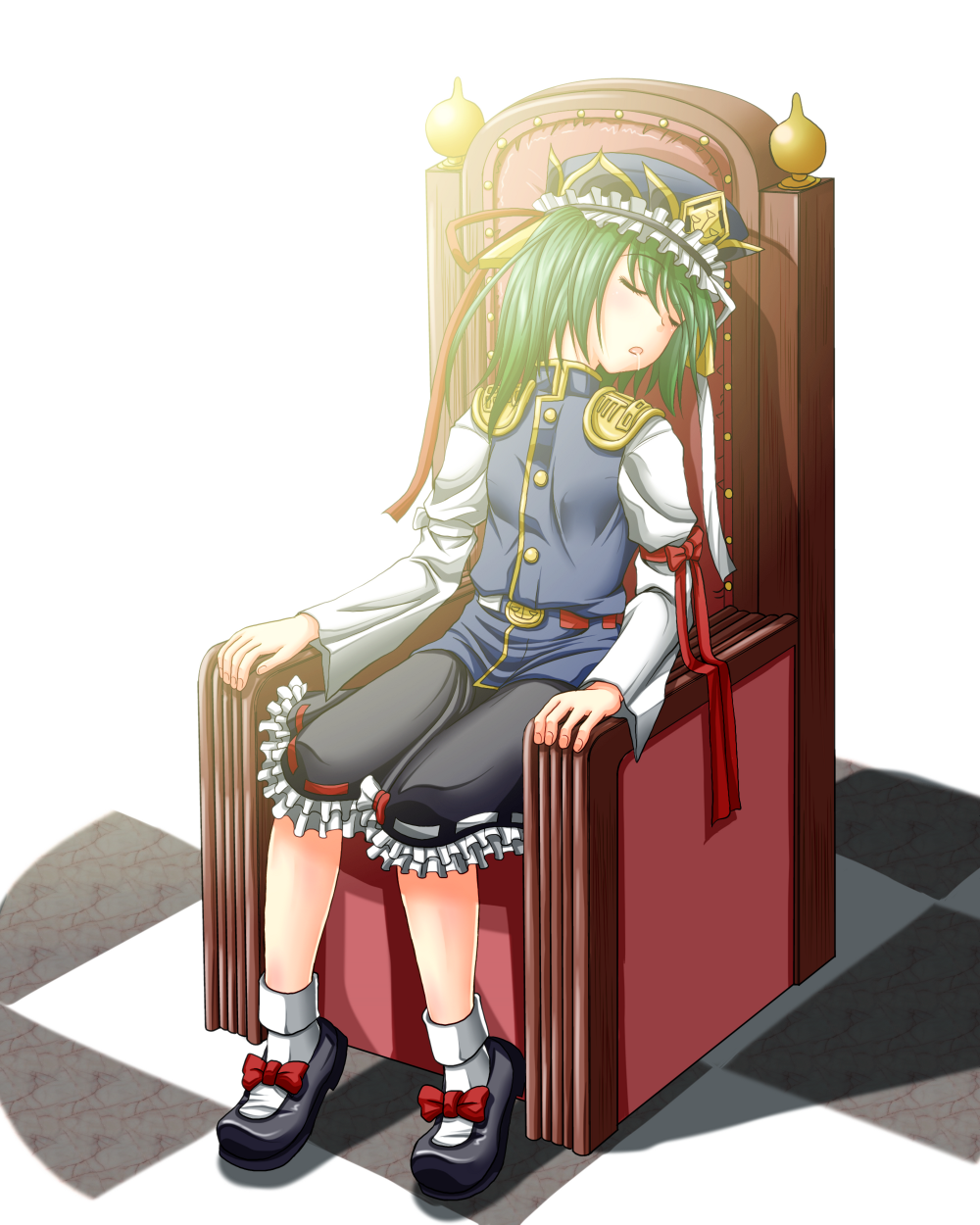 shiba meiji, shiki eiki, touhou, commentary request, highres, 1girl, black shoes, black skirt, blue hat, bow, buttons, chair, closed eyes, epaulettes, footwear bow, frilled hat, frills, full body, green hair, hat, long sleeves, medium hair, on chair, open mouth, red bow, ribbon-trimmed skirt, ribbon trim, shirt, shoes, skirt, sleeve bow, socks, solo, white background, white bow, white shirt, white socks