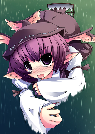 hekiryuu, ruu, mystia lorelei, touhou, 1girl, animal ears, bear trap, blush, female focus, hat, lying, purple eyes, purple hair, solo, tears, wings