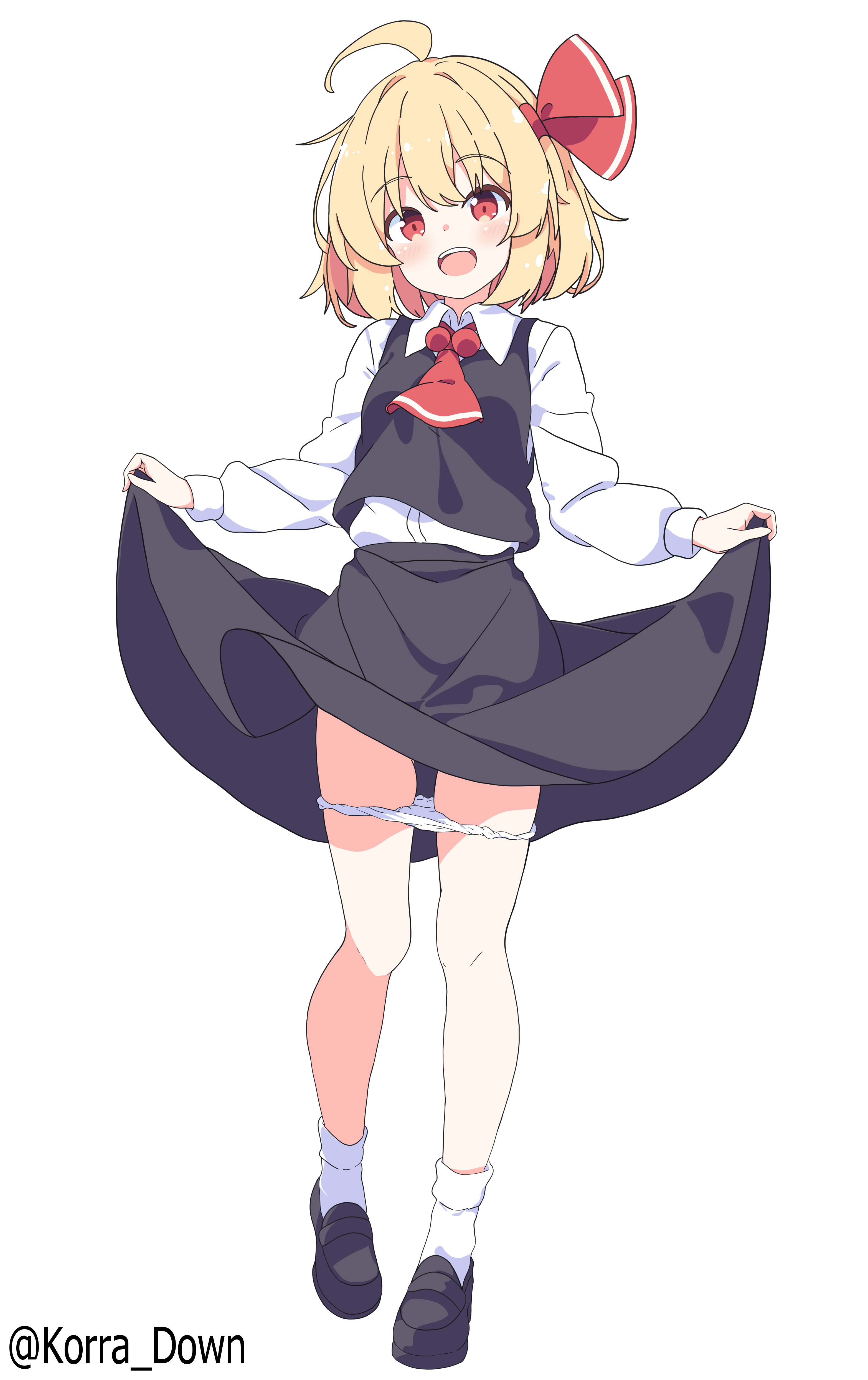 rumia, touhou, absurdres, highres, 1girl, :d, ascot, black shoes, black skirt, black vest, blonde hair, full body, hair ribbon, korra down, loafers, long sleeves, looking at viewer, open mouth, panties, panty pull, red ascot, red eyes, red ribbon, ribbon, shirt, shoes, short hair, simple background, skirt, skirt hold, smile, socks, solo, standing, teeth, underwear, upper teeth only, vest, walking, white background, white panties, white shirt, white socks