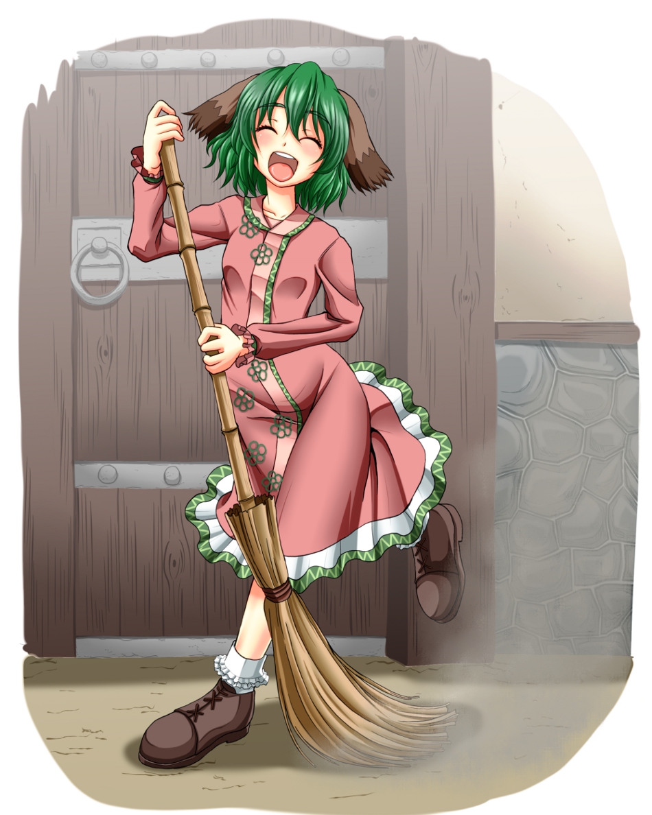 shiba meiji, kasodani kyouko, touhou, commentary request, 1girl, animal ears, blush, boots, border, broom, brown boots, closed eyes, dog ears, dog girl, door, dress, frilled socks, frills, full body, green hair, holding, holding broom, long sleeves, open mouth, pink dress, short hair, smile, socks, solo, white border, white socks