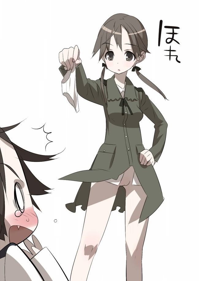 tensugi takashi, gertrud barkhorn, miyafuji yoshika, strike witches, world witches series, bad id, bad pixiv id, 00s, 2girls, blush, bottomless, brown hair, fang, hand on own hip, hip focus, holding, holding panties, holding underwear, holding unworn clothes, multiple girls, no panties, panties, pussy, simple background, standing, surprised, twintails, uncensored, underwear, unworn panties, white background