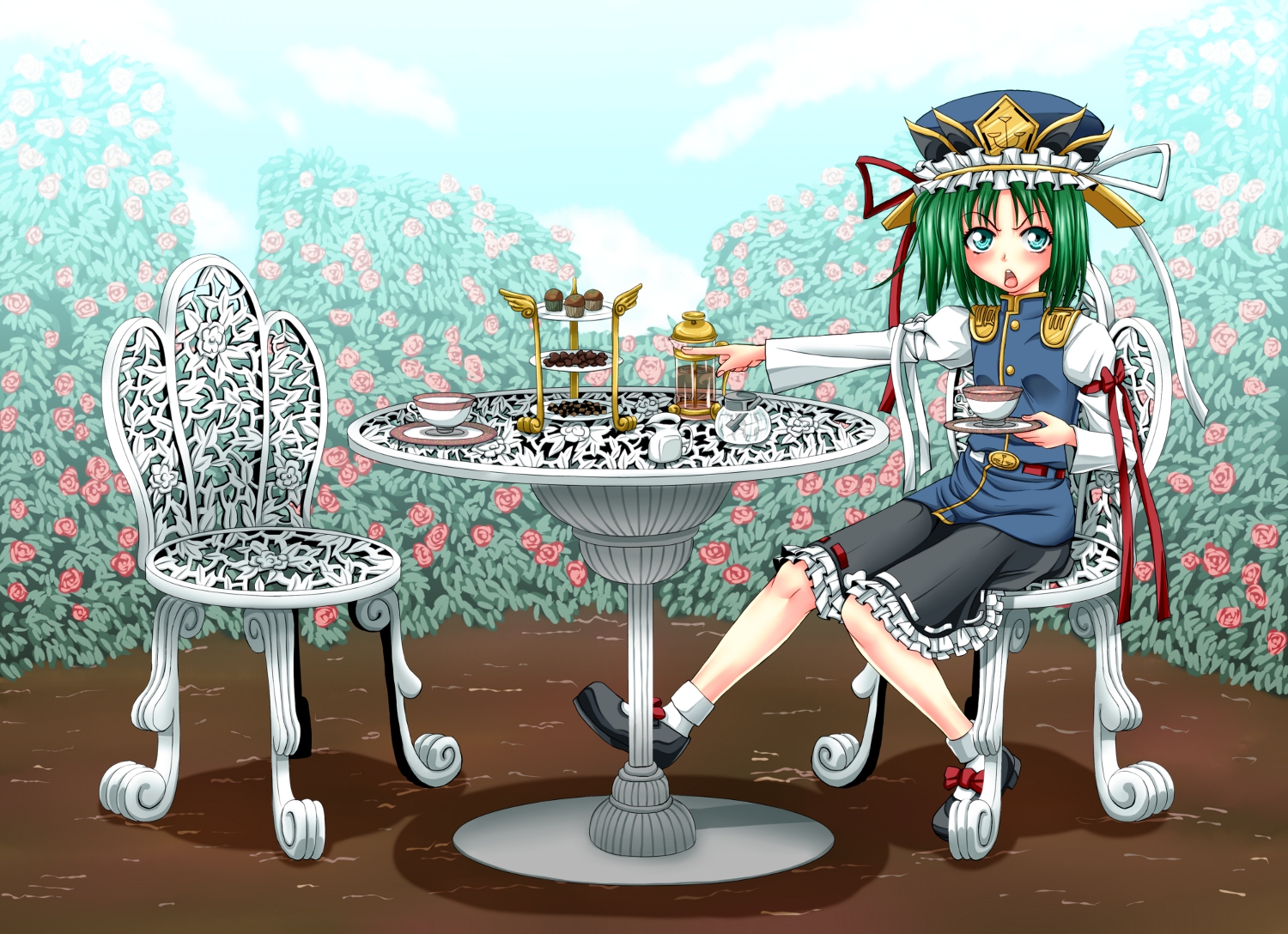 shiba meiji, shiki eiki, touhou, commentary request, 1girl, black shoes, black skirt, blue eyes, blue hat, blue vest, blush, bow, bush, buttons, chair, cup, cupcake, epaulettes, flower, food, footwear bow, frilled hat, frilled skirt, frills, full body, green hair, hat, holding, holding saucer, long sleeves, looking at viewer, open mouth, pink flower, red bow, ribbon-trimmed skirt, ribbon-trimmed vest, ribbon trim, saucer, shirt, shoes, short hair, sitting, skirt, sleeve bow, socks, solo, sugar cube, table, tea, teacup, tiered tray, v-shaped eyebrows, vest, white bow, white shirt, white socks
