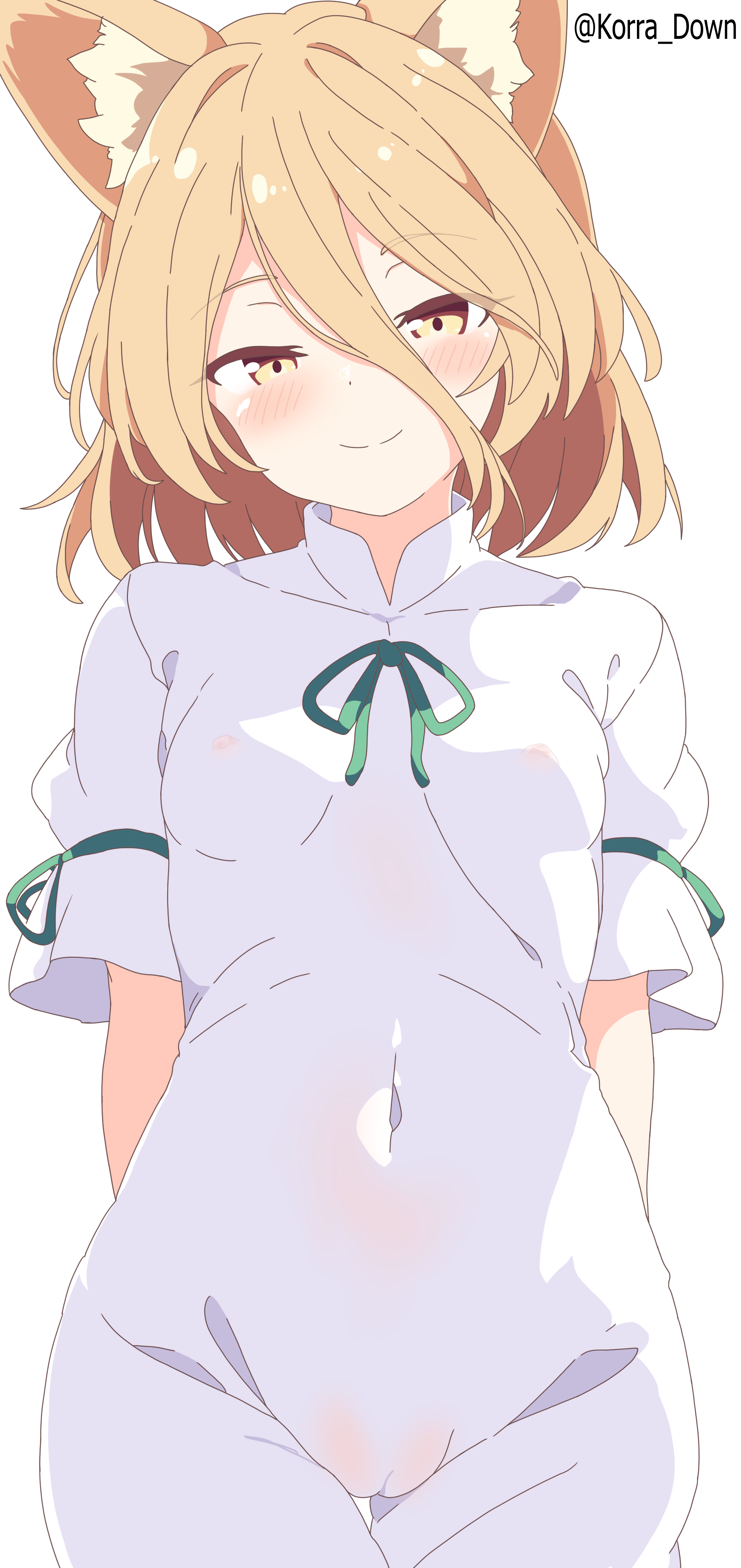 kudamaki tsukasa, touhou, absurdres, highres, 1girl, animal ears, blush, breasts, brown eyes, brown hair, cameltoe, covered erect nipples, fox ears, fox girl, korra down, looking at viewer, medium hair, romper, simple background, small breasts, smile, solo, tight clothes, white background, white romper