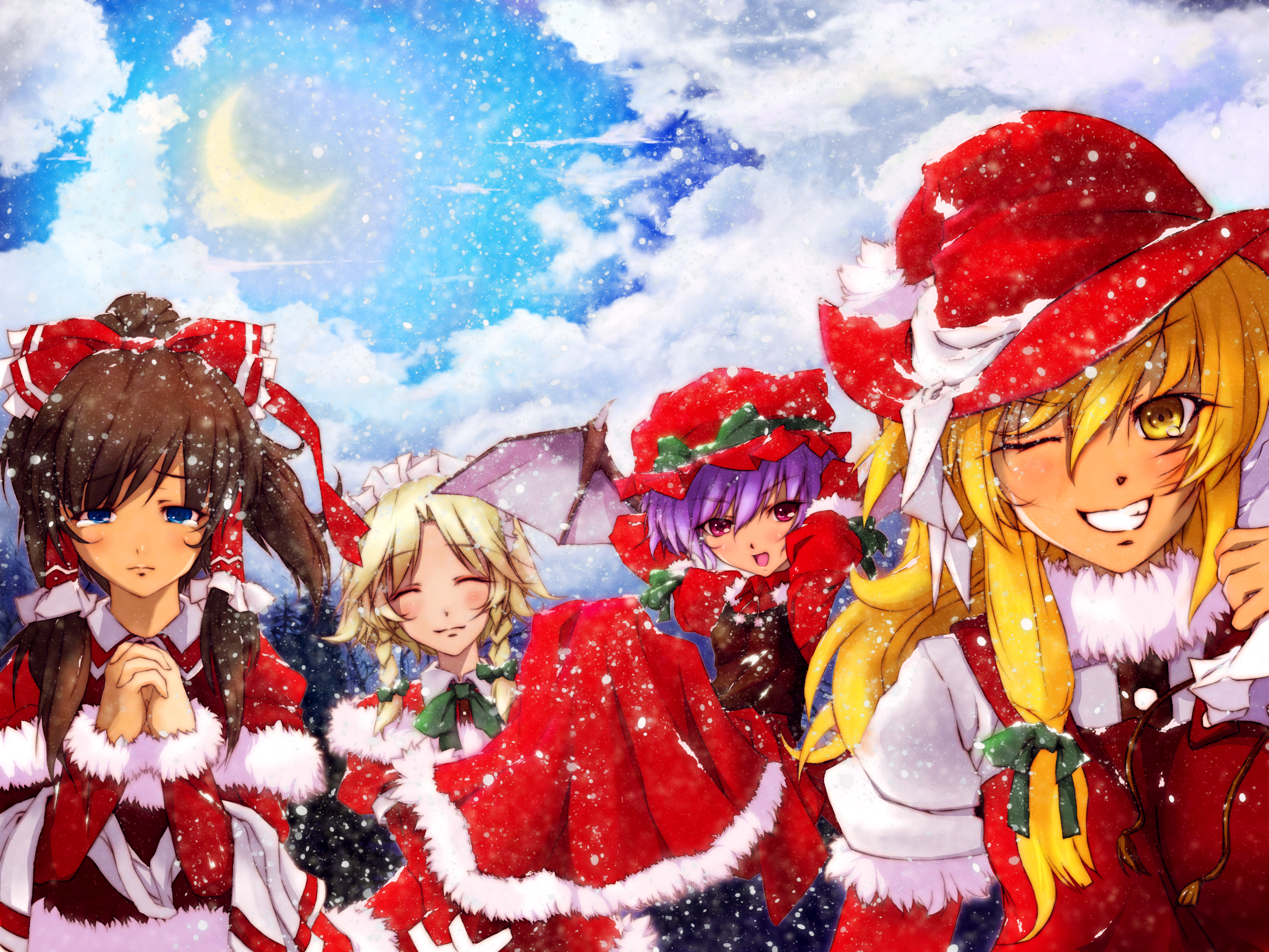 mefix, hakurei reimu, izayoi sakuya, kirisame marisa, remilia scarlet, perfect cherry blossom, touhou, bad id, bad pixiv id, highres, 4girls, alternate hair color, blonde hair, blue eyes, brown hair, christmas, cloud, female focus, hat, lips, looking at viewer, moon, multiple girls, praying, purple hair, red eyes, ribbon, sack, sad, santa costume, snow, tears, white hair, wings, winter, yellow eyes