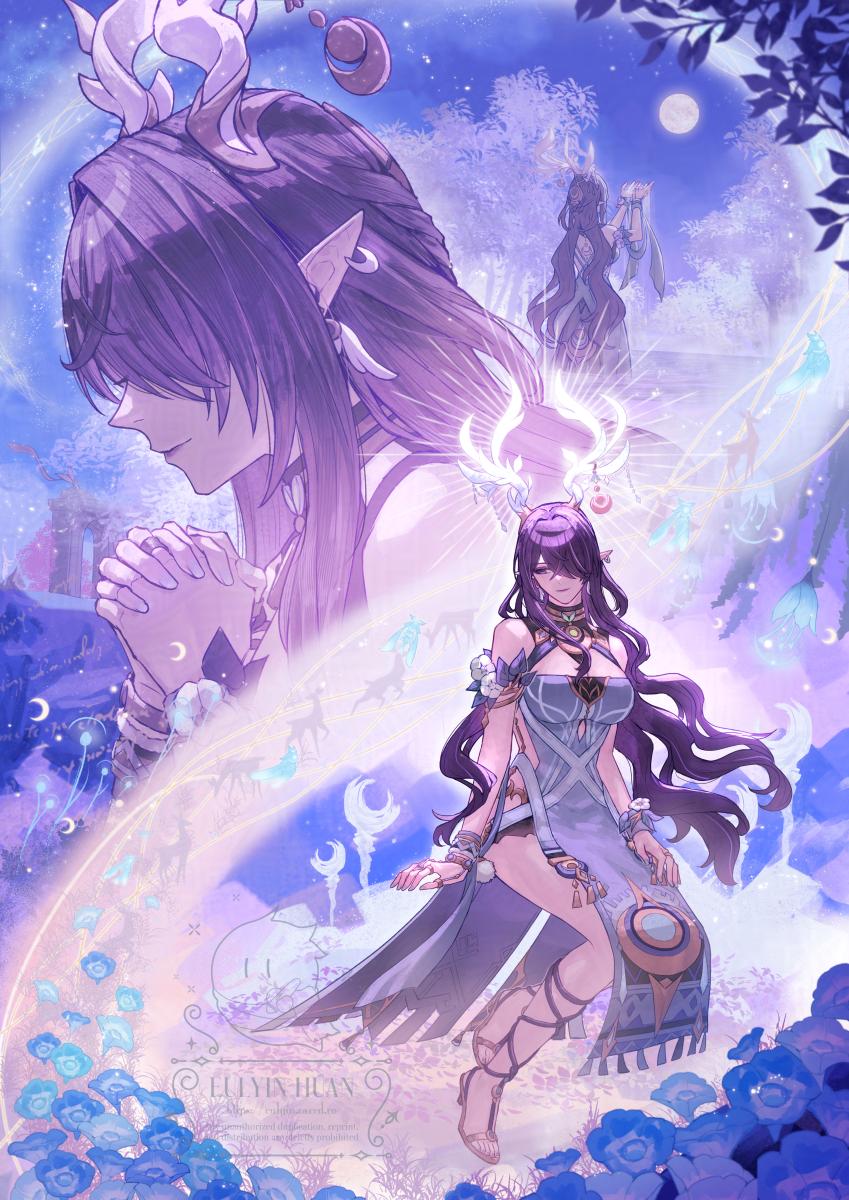 eulyin huan, lauma (genshin impact), genshin impact, commentary, english commentary, highres, 1girl, antlers, aqua dress, arm support, armlet, artist name, blue dress, breasts, cleavage, deer antlers, deer girl, dress, flower, gladiator sandals, gold sandals, hair over one eye, highleg, highleg dress, horns, interlocked fingers, jewelry, large breasts, leaf dress, looking to the side, moon, multiple views, night, night sky, outdoors, pointy ears, sandals, sitting, sky, solo, tree