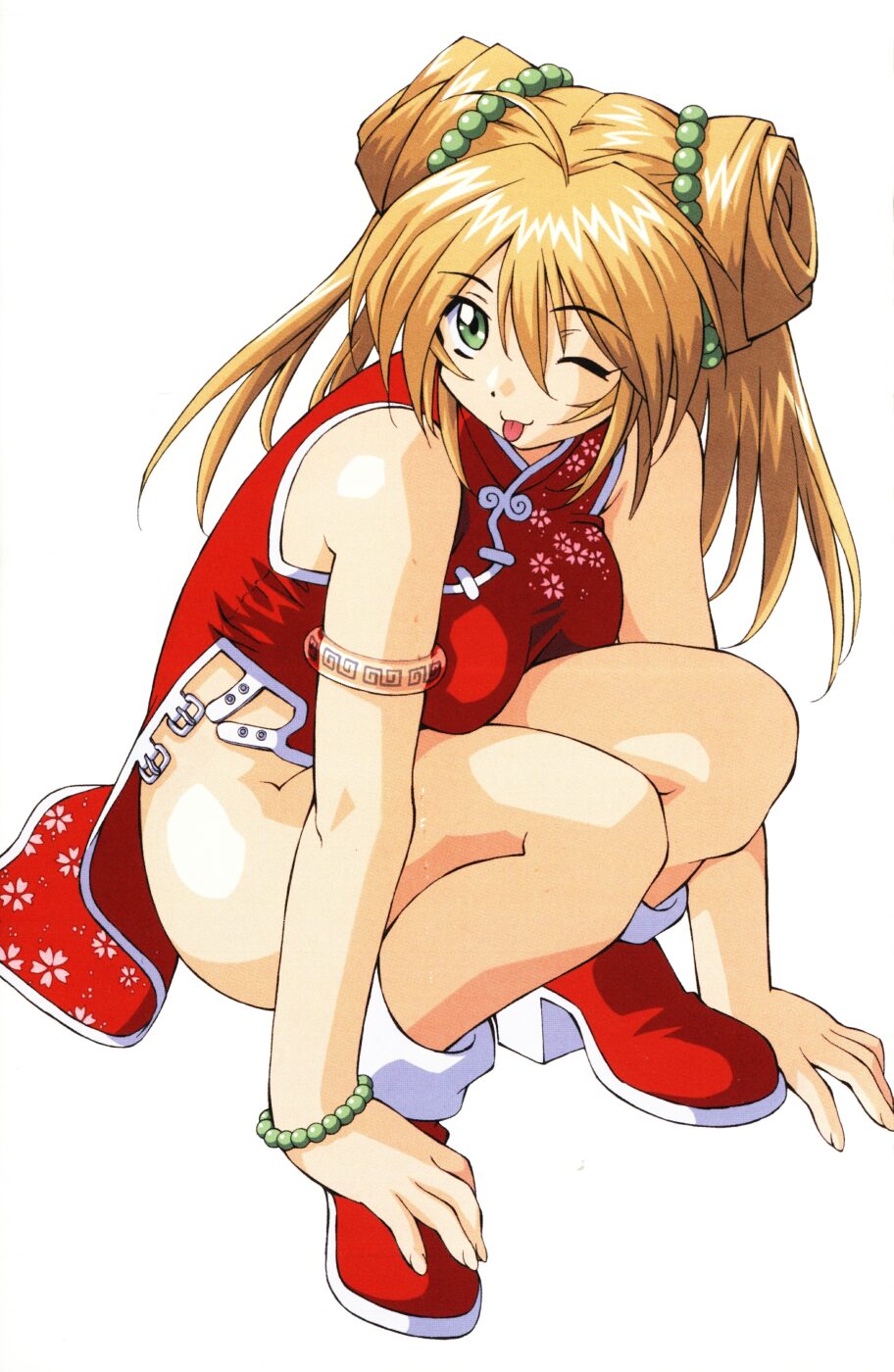 shiozaki yuji, sonsaku hakufu, ikkitousen, highres, official art, scan, 00s, 1girl, ;p, ahoge, ankle boots, beads, blonde hair, boots, bracelet, breasts, china dress, chinese clothes, donut hair bun, double bun, dress, female focus, full body, green eyes, hair bun, high heel boots, high heels, jewelry, knees to chest, large breasts, long hair, no panties, one eye closed, orange hair, pelvic curtain, red skirt, shirt, shoes, simple background, skirt, solo, squatting, taut clothes, taut shirt, tongue, tongue out, twintails
