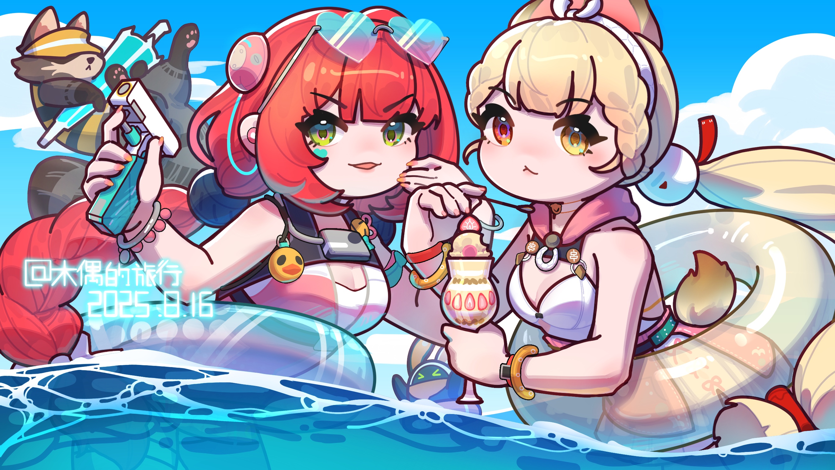 alice thymefield, alice thymefield (sea of thyme), bangboo (zenless zone zero), eous (zenless zone zero), kamanosuke (zenless zone zero), ukinami yuzuha, ukinami yuzuha (tanuki in broad daylight), zenless zone zero, braided twintails, commentary, english commentary, highres, 2girls, 2others, :<, animal, animal ears, bare shoulders, blonde hair, blue sky, bracelet, braid, camera, camera around neck, chibi, closed mouth, cloud, cup, dated, dress swimsuit, eyewear on head, facial mark, food, fruit, glass, gradient-tinted eyewear, green eyes, hair ornament, hand on own cheek, hand on own face, hearing aid, heart, heart-shaped eyewear, heart facial mark, heterochromia, holding, holding cup, holding spoon, holding umbrella, holding water gun, ice cream, ice cream cup, in water, jewelry, long hair, looking at viewer, looking to the side, multiple girls, multiple others, nail polish, ocean, official alternate costume, one-piece swimsuit, open mouth, orange nails, pink nails, pink one-piece swimsuit, rabbit ears, rabbit girl, raccoon, red eyes, red hair, sky, sphere hair ornament, spoon, strawberry, swim ring, swimsuit, tanuki, tinted eyewear, twintails, twitter username, two-tone one-piece swimsuit, umbrella, watch, water gun, white one-piece swimsuit, wristwatch, yellow eyes, yemuzi