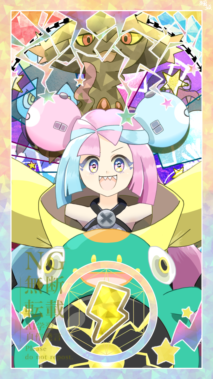 bellibolt, iono (pokemon), luxio, mismagius, wattrel, nintendo, pokemon, pokemon sv, commentary request, highres, bare shoulders, blonde hair, blue hair, border, bow-shaped hair, colored sclera, eyelashes, gakuenlife, gen 4 pokemon, hair ornament, lightning bolt symbol, multicolored eyes, multicolored hair, open mouth, pink hair, pokemon (creature), red eyes, sharp teeth, smile, star (symbol), teeth, terastallization, two-tone hair, upper teeth only, watermark, yellow sclera