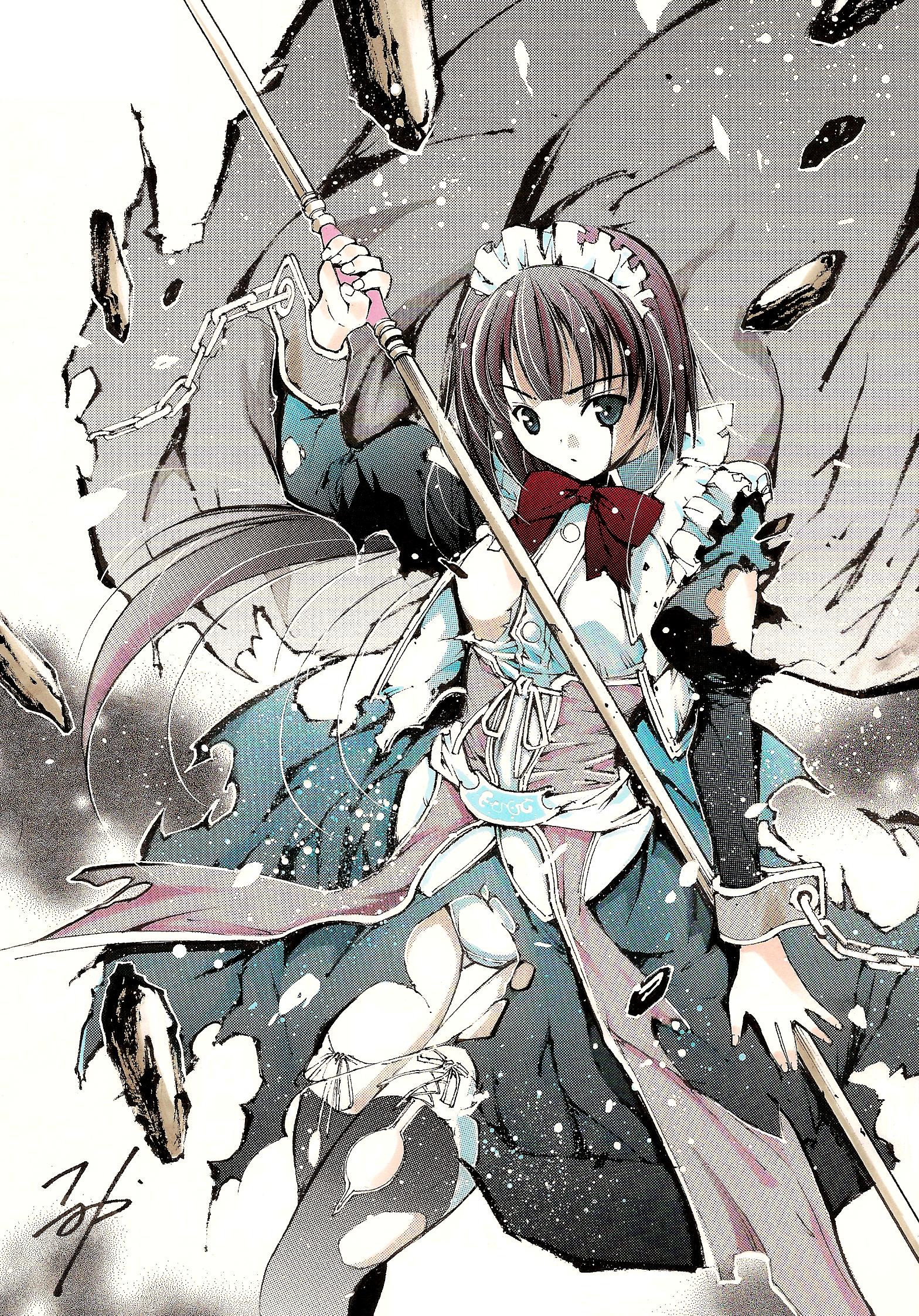 moonsorrow, original, bad id, bad pixiv id, highres, traditional media, maid, panties, polearm, solo, thighhighs, torn clothes, underwear, weapon