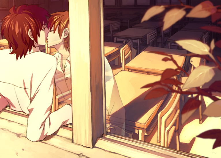 honya lala, original, bad id, bad pixiv id, character request, source request, 10s, 2boys, arm support, black hair, brown eyes, brown hair, classroom, closed eyes, couple, desk, dusk, ghost, indoors, kiss, leaf, leaning, leaning back, male focus, multiple boys, plant, school, school uniform, short hair, sunset, window, yaoi