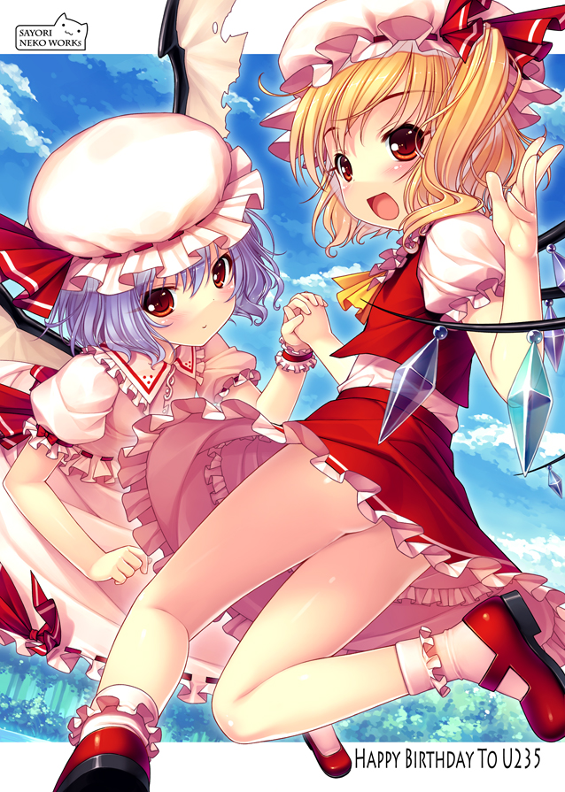 sayori (neko works), flandre scarlet, remilia scarlet, touhou, bad id, bad pixiv id, 2girls, ass, bat wings, blonde hair, blue hair, blush, female focus, hat, holding hands, mary janes, mob cap, multiple girls, no panties, purple hair, red eyes, shoes, short hair, siblings, sisters, wings