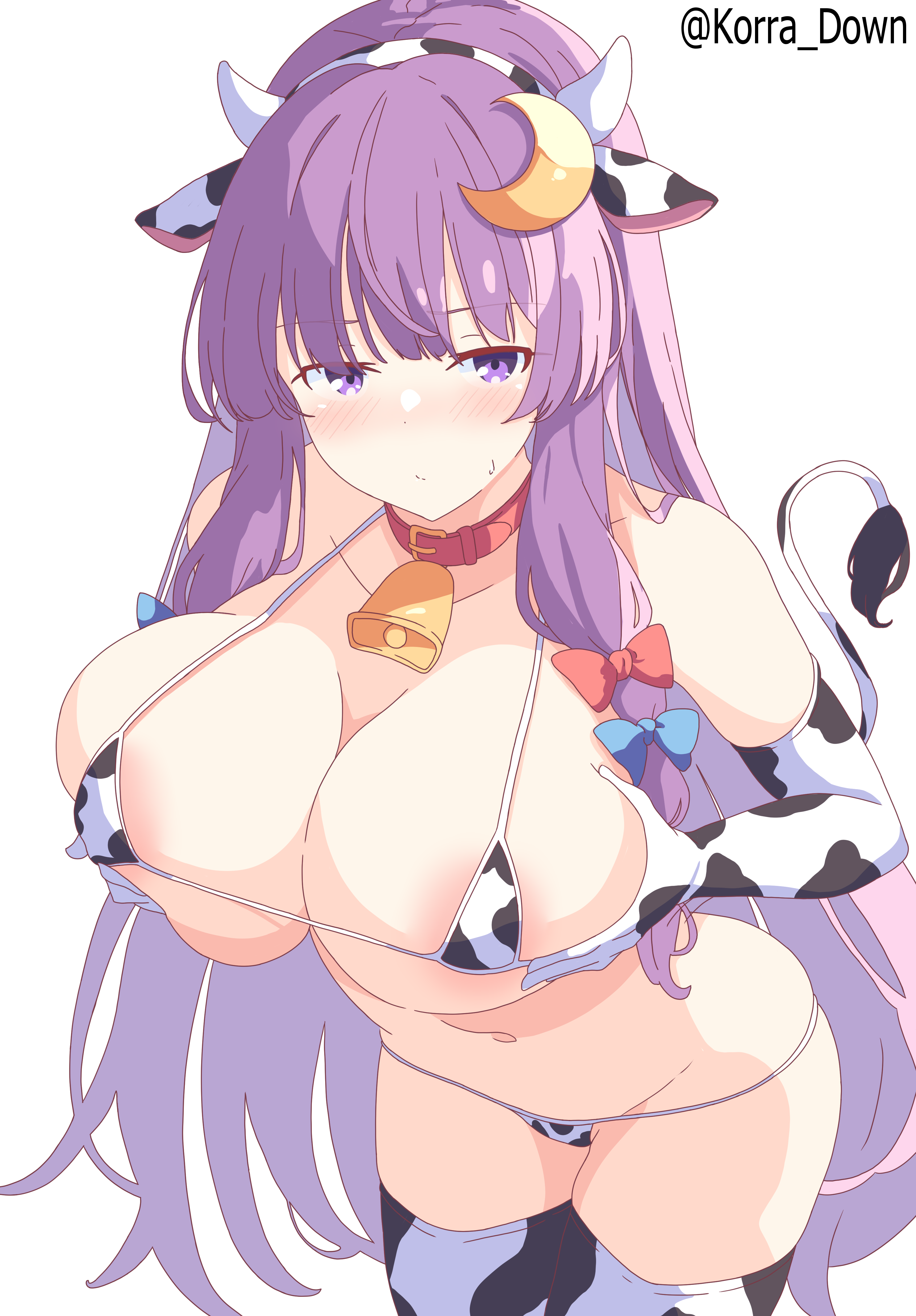 patchouli knowledge, touhou, absurdres, highres, 1girl, animal ears, animal print, areola slip, bell, bikini, breasts, breasts squeezed together, collar, cow ears, cow horns, cow print, cow print bikini, cow print gloves, cow print thighhighs, cow tail, cowbell, cowboy shot, elbow gloves, fake animal ears, fake horns, fake tail, gloves, horns, korra down, large breasts, leaning forward, long hair, micro bikini, print bikini, print gloves, print thighhighs, purple eyes, purple hair, simple background, solo, swimsuit, tail, thighhighs, white background