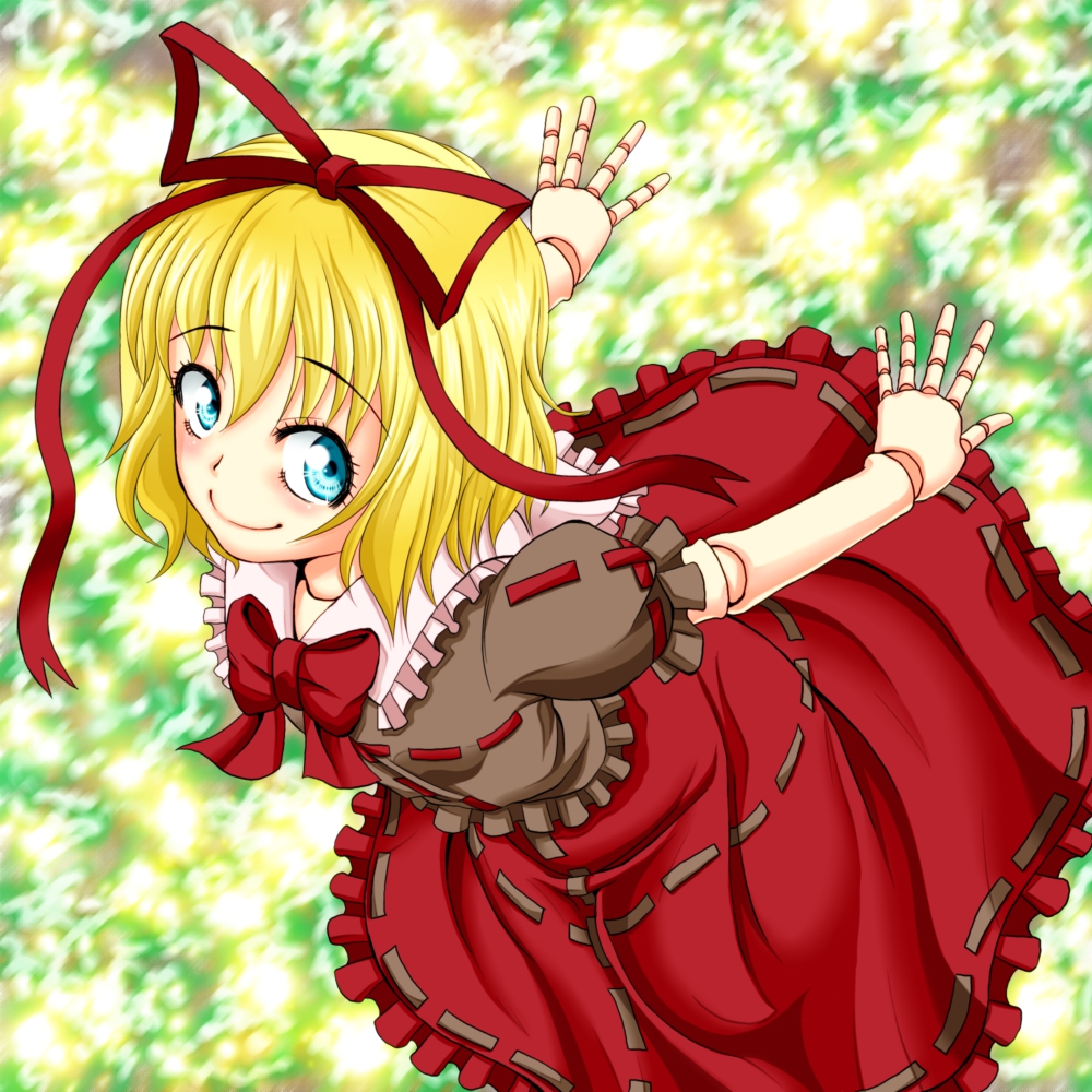 shiba meiji, medicine melancholy, touhou, commentary request, 1girl, blonde hair, blue eyes, bow, bowtie, brown shirt, closed mouth, doll joints, frilled sleeves, frills, full body, green background, hair ribbon, joints, looking at viewer, puffy short sleeves, puffy sleeves, red bow, red bowtie, red ribbon, red skirt, ribbon, ribbon-trimmed skirt, ribbon trim, shirt, short hair, short sleeves, skirt, smile, solo