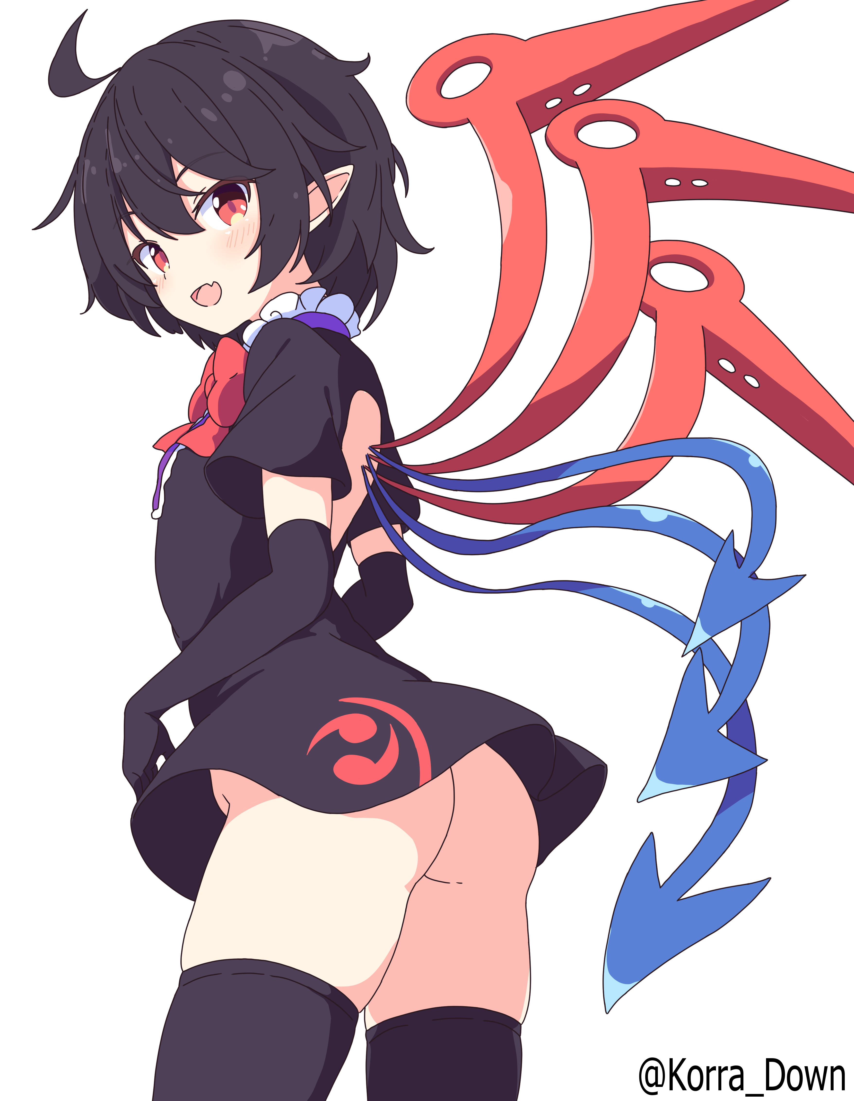 houjuu nue, touhou, absurdres, commentary, highres, 1girl, ass, asymmetrical wings, black dress, black hair, black thighhighs, cowboy shot, dress, fang, from side, korra down, looking at viewer, no panties, pointy ears, red eyes, short dress, short hair, simple background, skin fang, smile, solo, thighhighs, white background, wings