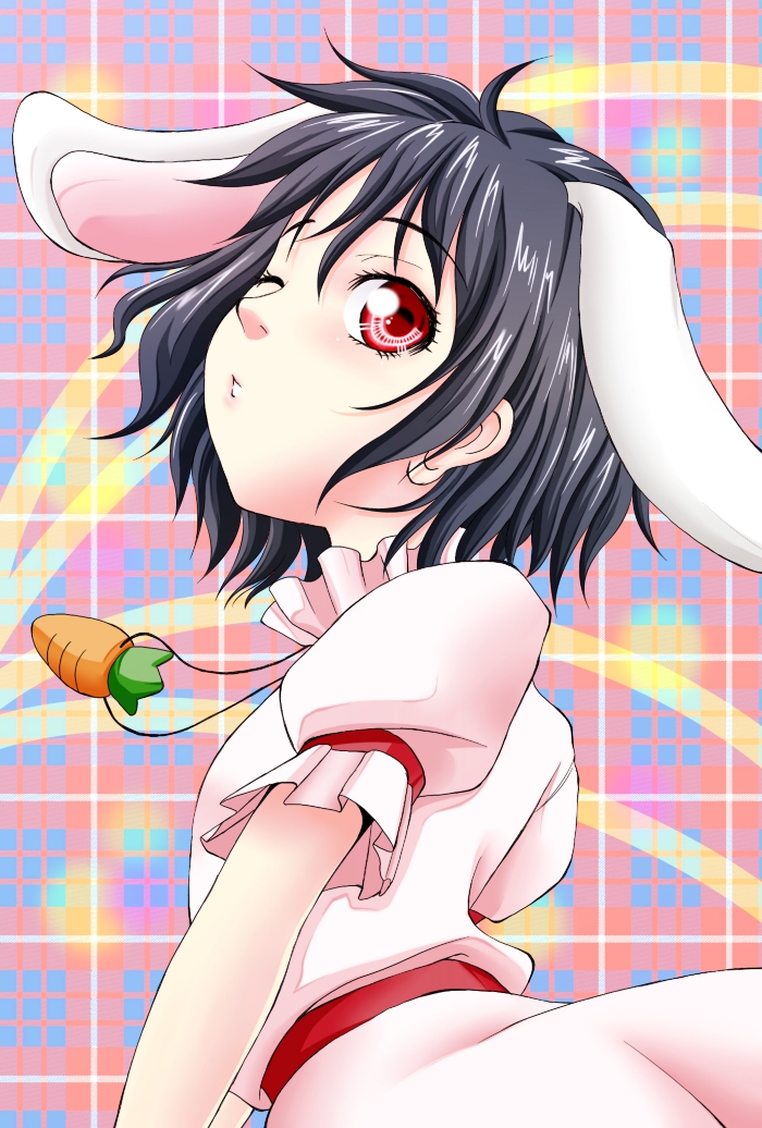 shiba meiji, inaba tewi, touhou, commentary request, 1girl, animal ears, barefoot, black hair, dress, floppy ears, frilled sleeves, frills, looking at viewer, looking to the side, one eye closed, pink background, pink dress, plaid background, rabbit ears, rabbit girl, red eyes, short hair, solo, upper body