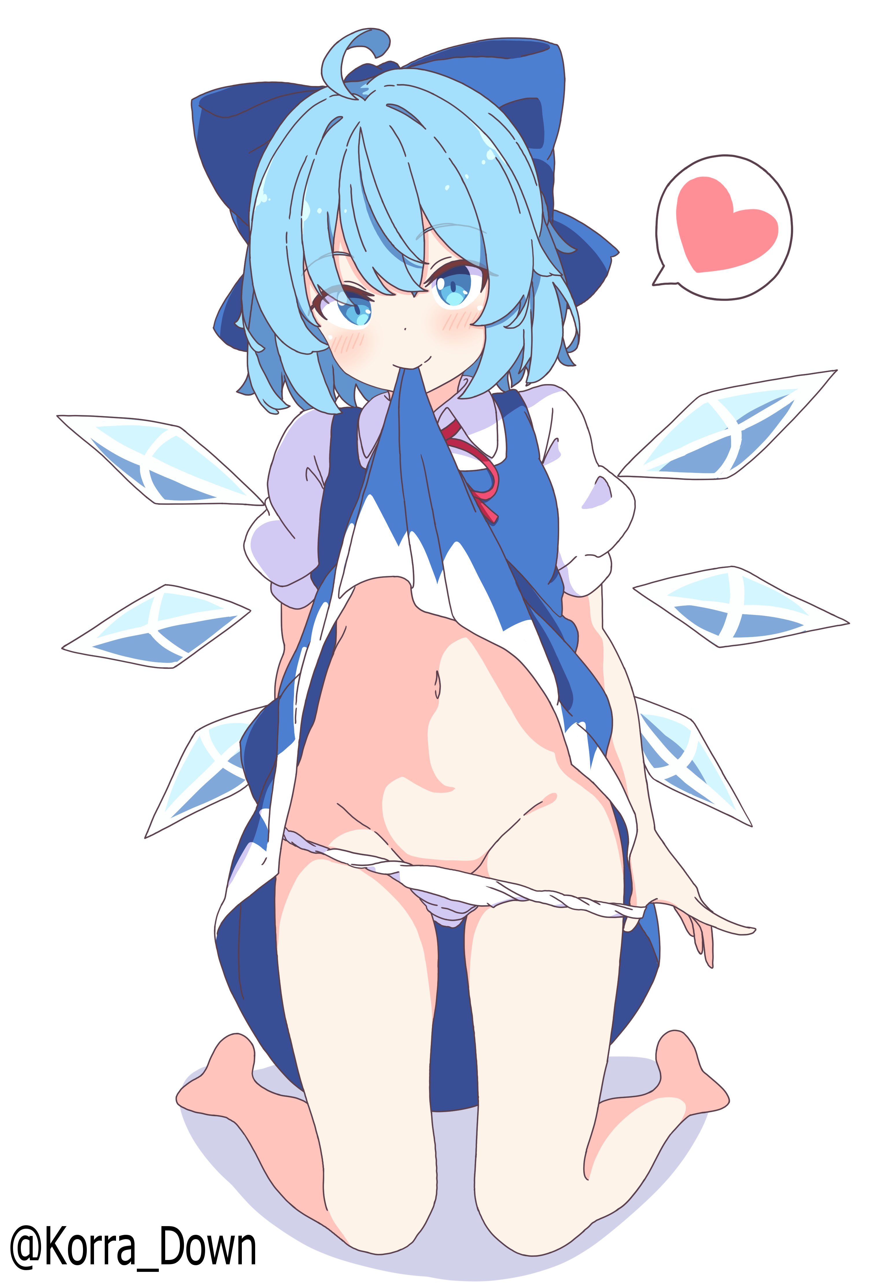cirno, touhou, absurdres, highres, 1girl, blue bow, blue dress, blue eyes, blue hair, bow, clothes in mouth, clothes lift, dress, dress lift, full body, heart, ice, ice wings, kneeling, korra down, mouth hold, navel, panties, panty pull, petite, pinafore dress, shirt, short hair, simple background, sleeveless, sleeveless dress, solo, spoken heart, stomach, underwear, white background, white panties, white shirt, wings