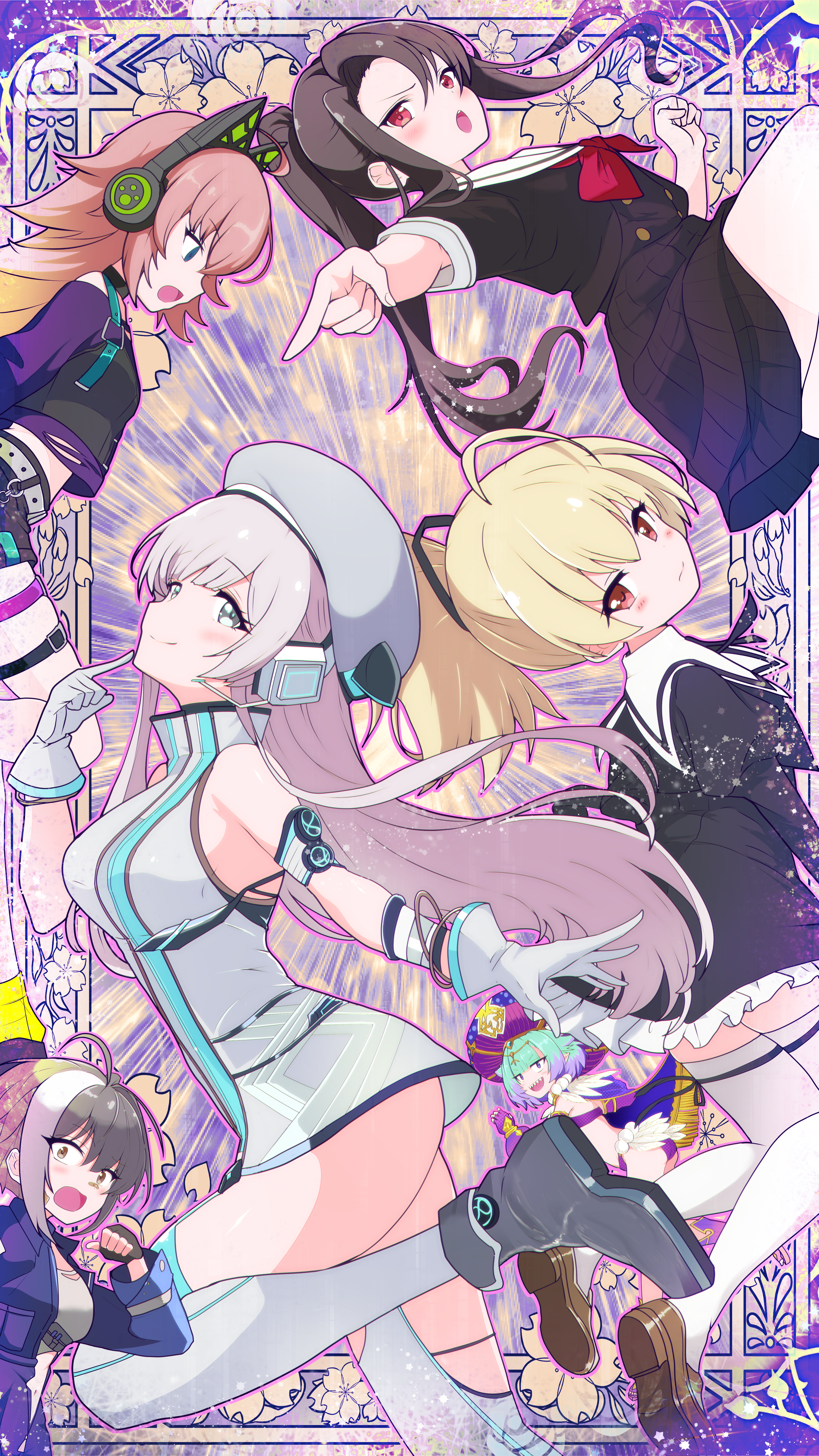 jamilsaga, akikaze rui, ando tazusa, izumo saki, locusta (fate), locusta (third ascension) (fate), mori (nikke), tamade chiyu, tsumugi risa, assault lily, bang dream!, d4dj, fate/grand order, fate (series), goddess of victory: nikke, shoujo kageki revue starlight, shoujo kageki revue starlight -re live-, absurdres, commentary request, commission, highres, pixiv commission, 6+girls, ahoge, animal ear headphones, animal ears, ankle boots, antenna hair, aqua hair, arm strap, bandaid, bandaid on face, bandaid on nose, bare shoulders, belt, beret, bikini, black belt, black choker, black gloves, black ribbon, black shorts, black skirt, blonde hair, blue hat, blue jacket, blunt bangs, blush, boots, bow, bowtie, bracelet, breasts, brown dress, brown eyes, brown hair, brown shoes, cape, cat ear headphones, cat ears, choker, clenched hand, closed mouth, crop top, cropped jacket, crossover, dress, elbow gloves, fake animal ears, fingerless gloves, floral background, frilled skirt, frills, fringe trim, gloves, grey belt, grey boots, grey dress, grey eyes, grey gloves, grey hair, hair between eyes, hair flaps, hair ribbon, hand up, hands up, hat, headphones, high-waist skirt, high collar, high ponytail, jacket, jewelry, juliet sleeves, leaning forward, leg ribbon, light particles, loafers, long hair, long sleeves, looking ahead, looking at viewer, looking to the side, medium breasts, medium hair, microphone, miniskirt, multicolored hair, multiple girls, off-shoulder shirt, off shoulder, official alternate costume, open mouth, outline, outstretched arm, partially unzipped, pleated dress, pointing, pointing to the side, ponytail, portrait, profile, puffy sleeves, purple background, purple bikini, purple cape, purple eyes, purple gloves, purple hair, purple hat, purple outline, purple shirt, red bow, red bowtie, red eyes, ribbon, rinmeikan girls school uniform, school uniform, sharp teeth, shirt, shoe soles, shoes, short dress, short hair, shorts, sidelocks, skirt, sleeveless, sleeveless dress, smile, standing, standing on one leg, star (symbol), swimsuit, teeth, thigh belt, thigh ribbon, thigh strap, thighhighs, torn clothes, torn shirt, two-tone hair, two-tone hat, v-shaped eyebrows, very long hair, voice actor connection, white hair, white thighhighs, wide-eyed, yurigaoka girls academy school uniform, zettai ryouiki