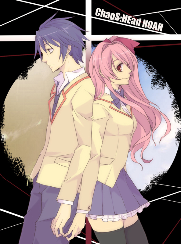 mechi, nishijou takumi, sakihata rimi, chaos;head, science adventure, 1boy, 1girl, back-to-back, blazer, blue hair, brown jacket, couple, frown, hetero, jacket, lapels, long hair, long sleeves, looking at viewer, narrowed eyes, necktie, pink eyes, pink hair, pleated skirt, sad, school uniform, short hair, skirt, smile, suimei academy school uniform, thighhighs, zettai ryouiki