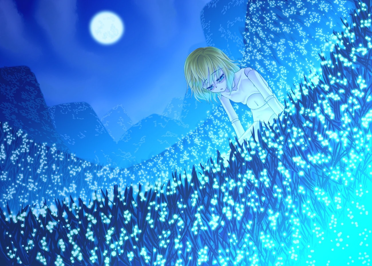 shiba meiji, medicine melancholy, touhou, commentary request, 1girl, blonde hair, blue eyes, blue flower, blue sky, cowboy shot, doll joints, field, flower, flower field, full moon, glowing flower, joints, moon, navel, night, open mouth, outdoors, shaded face, short hair, sky, solo
