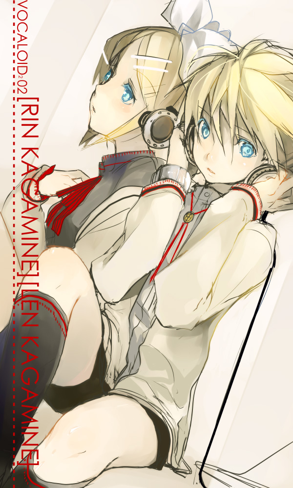 kaimuari, kagamine len, kagamine rin, vocaloid, 1boy, 1girl, blonde hair, blue eyes, blush, brother and sister, hair ornament, hairclip, headphones, ribbon, short hair, siblings, socks, sweater, twins