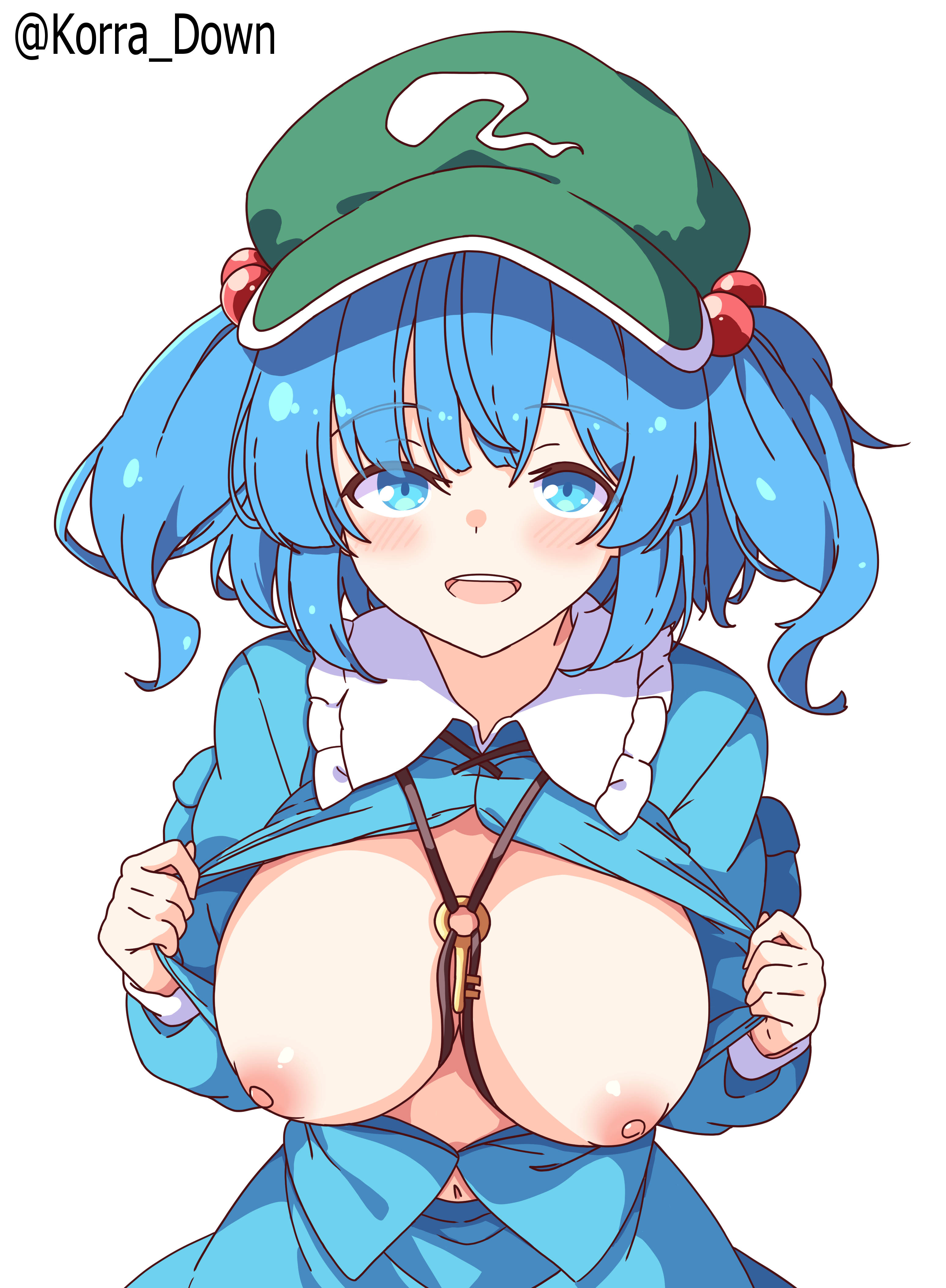 kawashiro nitori, touhou, absurdres, highres, 1girl, blue eyes, blue hair, blue shirt, blue skirt, breasts, breasts out, green hat, hair bobbles, hair ornament, hat, jewelry, key, key necklace, korra down, large breasts, looking at viewer, necklace, nipples, open mouth, partially unbuttoned, shirt, simple background, skirt, smile, solo, teeth, two side up, upper teeth only, white background